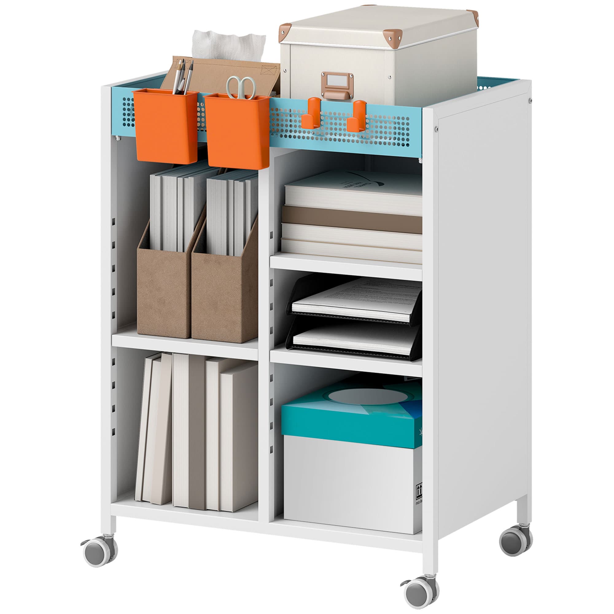 HOMCOM Étagère sur roulettes, 4 niveaux, tablettes réglables & paniers suspendus pour bureau à domicile et salon, Blanc