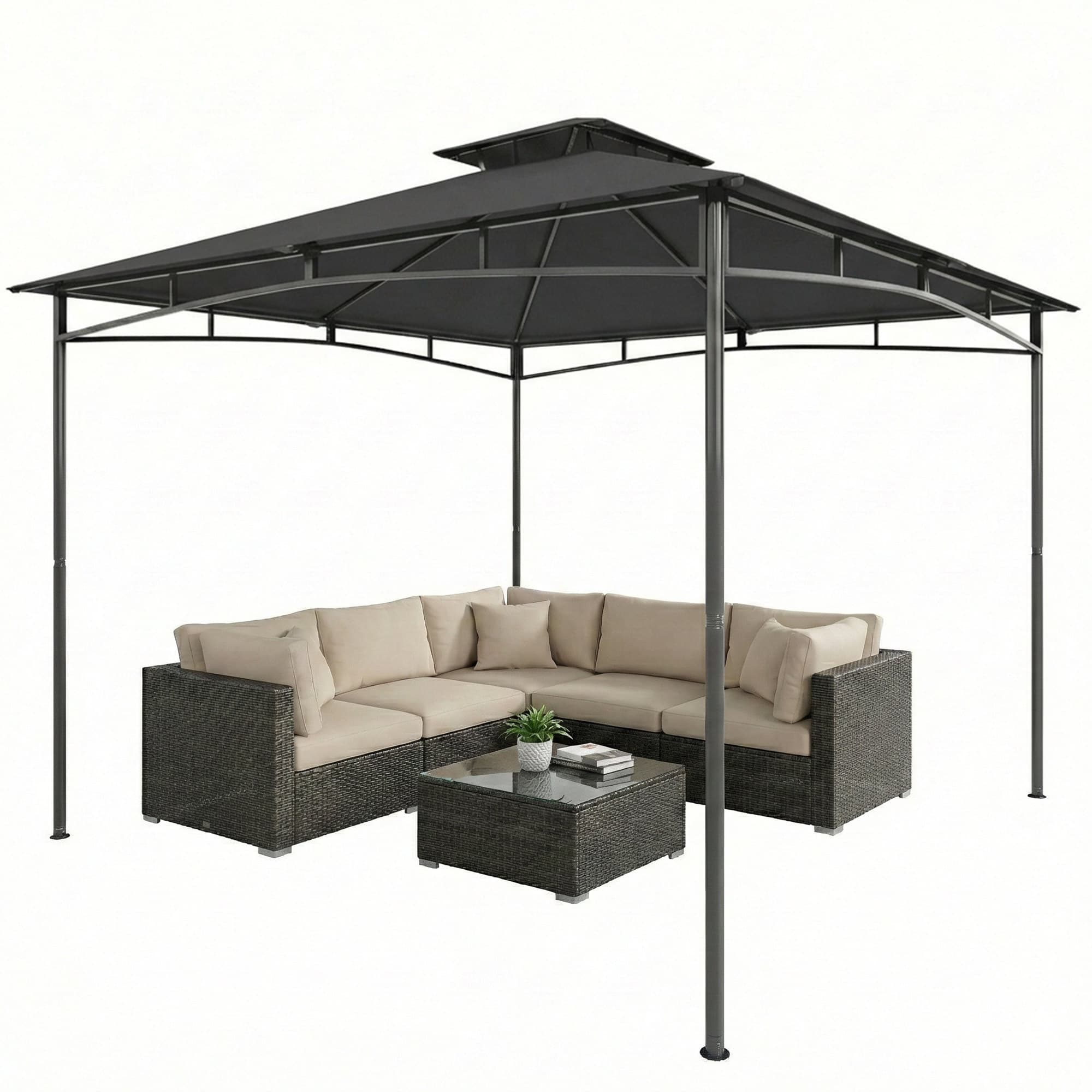 Outsunny Pavillon 3x3 m Imperméable Stable Résistant à l'hiver Pavillon de jardin avec cadre supérieur rétractable Double toit Gris foncé
