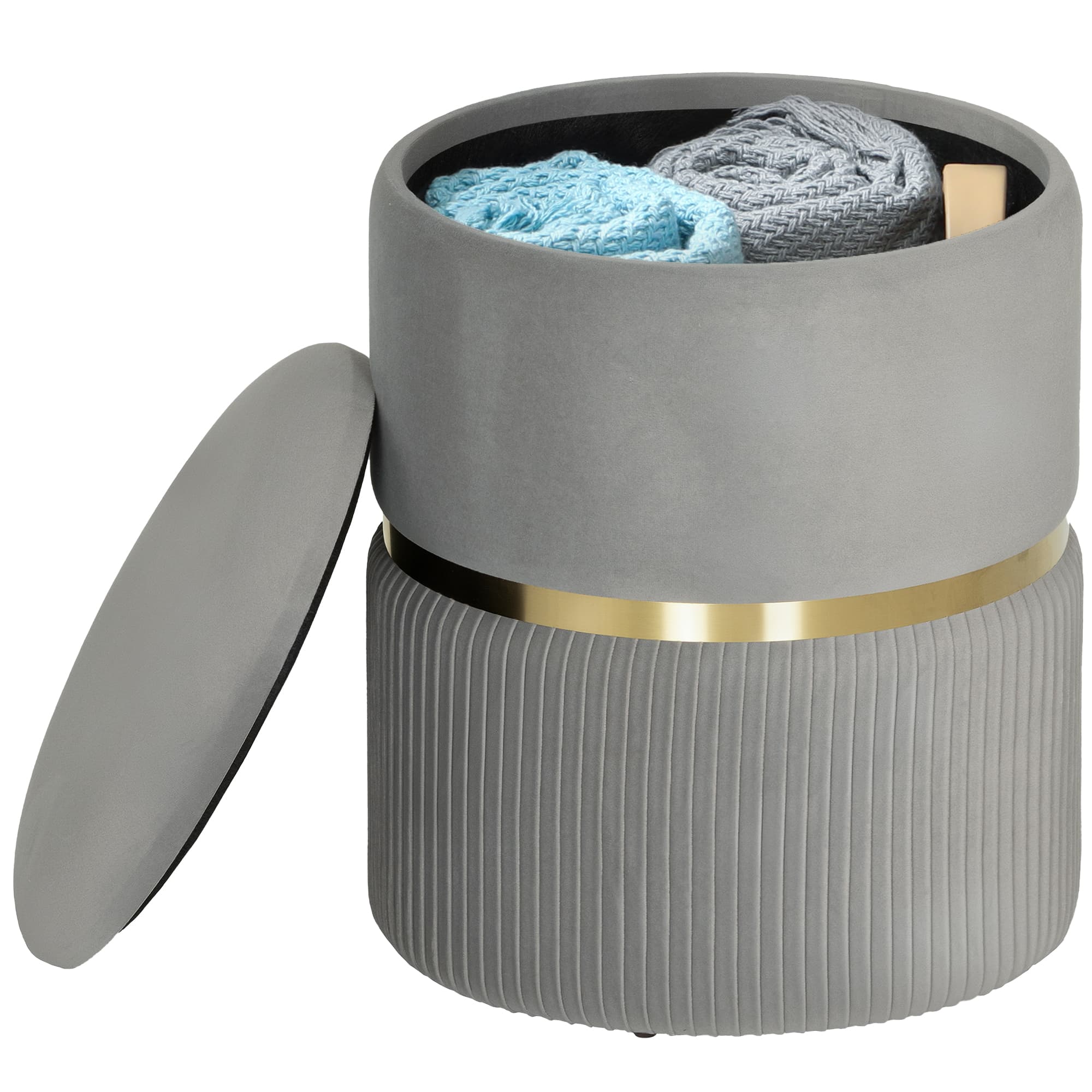 HOMCOM Pouf de rangement rond, pouf recouvert de velours avec couvercle amovible, assise rembourrée et rangement dissimulé, Gris clair