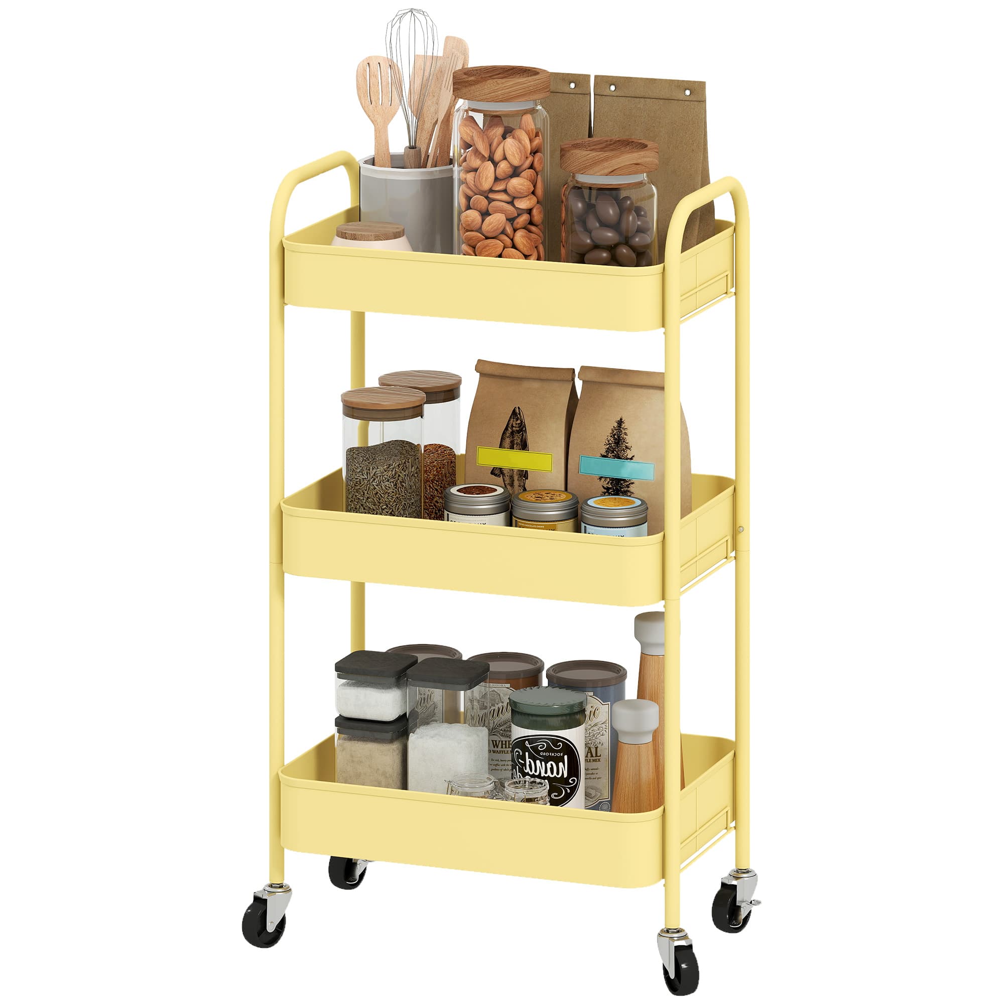HOMCOM Chariot Auxiliaire avec Roulettes de 3 Niveaux Chariot de Cuisine avec 3 Paniers et 2 Poignées 45x30,6x79 cm Jaune