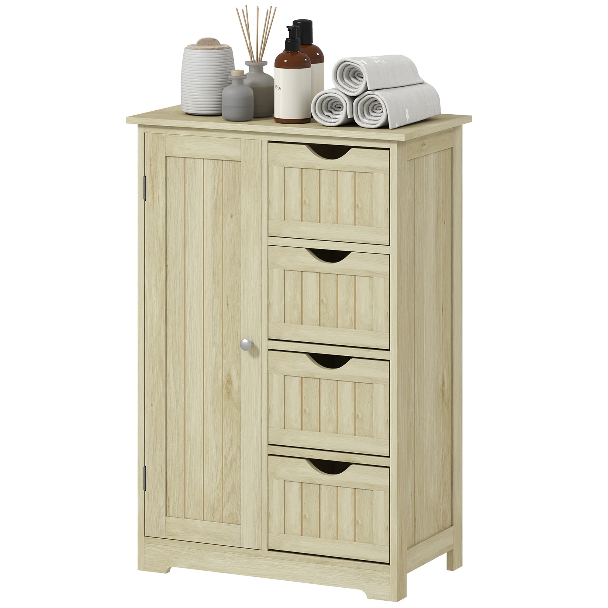 kleankin Armoire de salle de bain Colonne étroite avec 4 tiroirs et étagère réglable Style moderne 56x30x83 cm Bois naturel