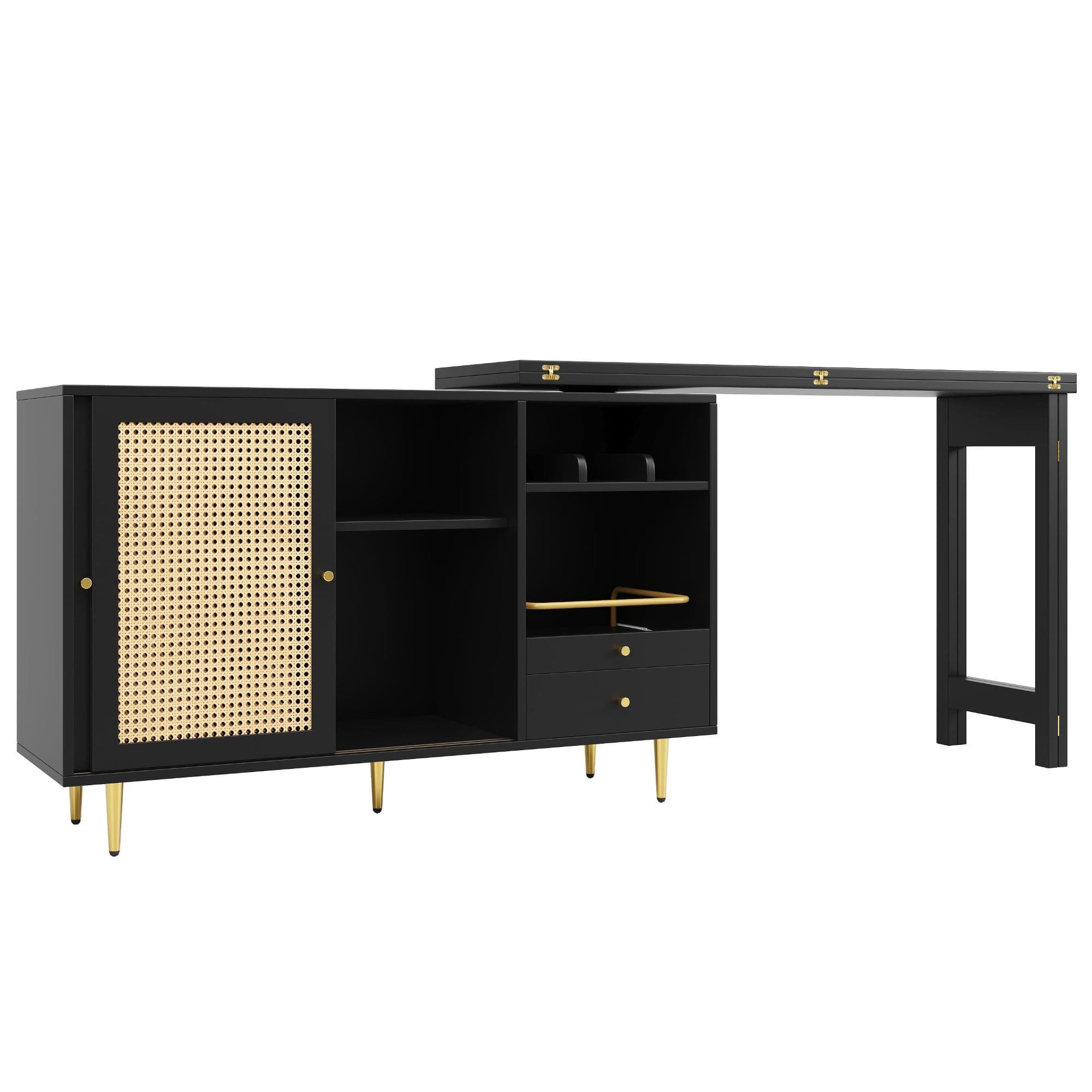 Table aute design pivotante à 360° extensible avec plateau rabattable, armoire de rangement avec porte en rotin + étagère de rangement ouverte, 107x40x71,4 cm, Noir