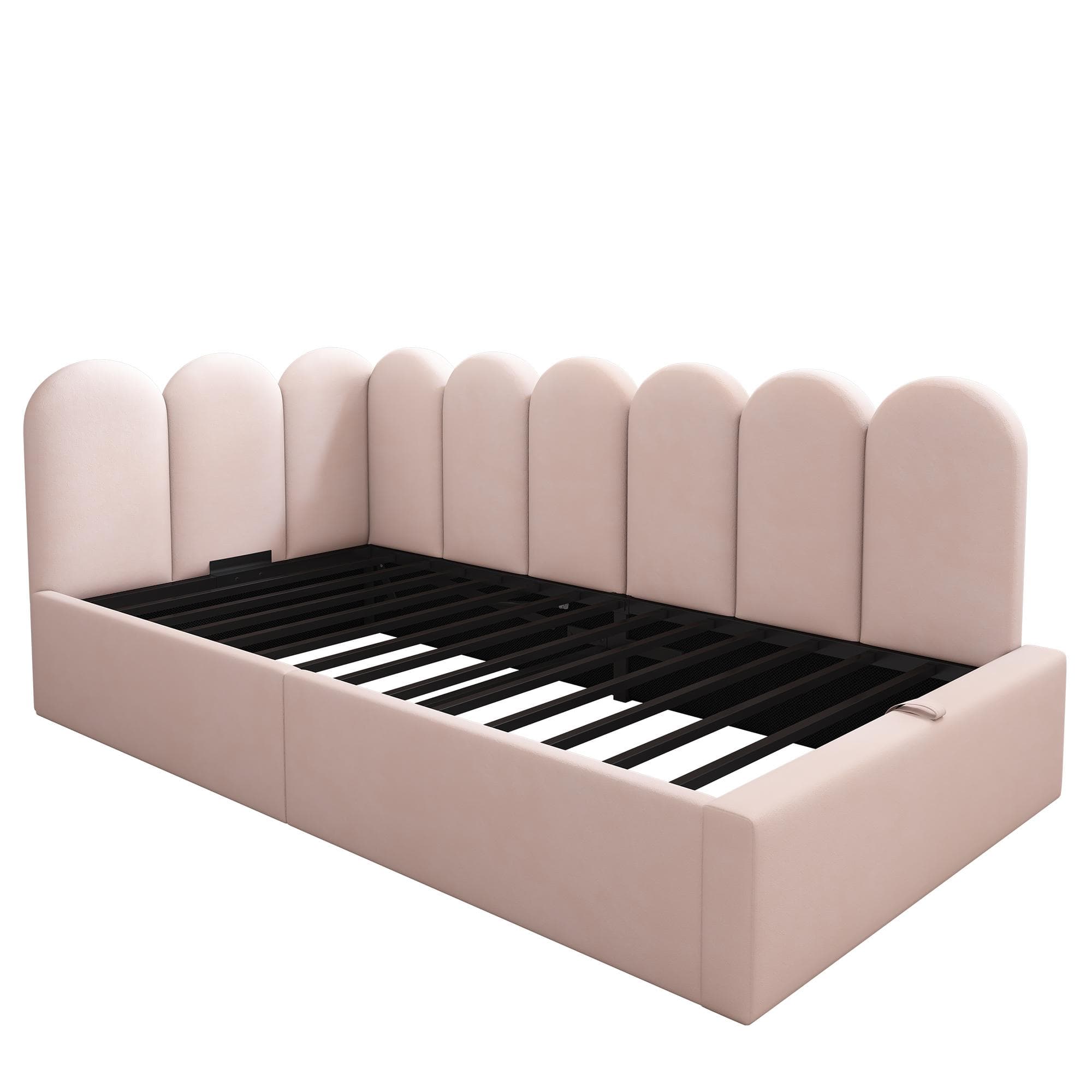 Lit d'appoint rembourré avec rangement ydraulique, revêtement en velours et sommier à lattes en métal, sans matelas, 90x200 cm, Rose