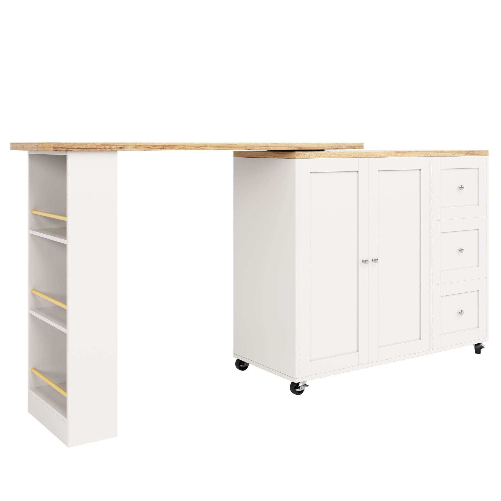 Îlot de cuisine extensible pivotant à 360°, avec 3 tiroirs, 2 portes et étagère latérale pour en-cas, 135-203x39x106 cm, Blanc