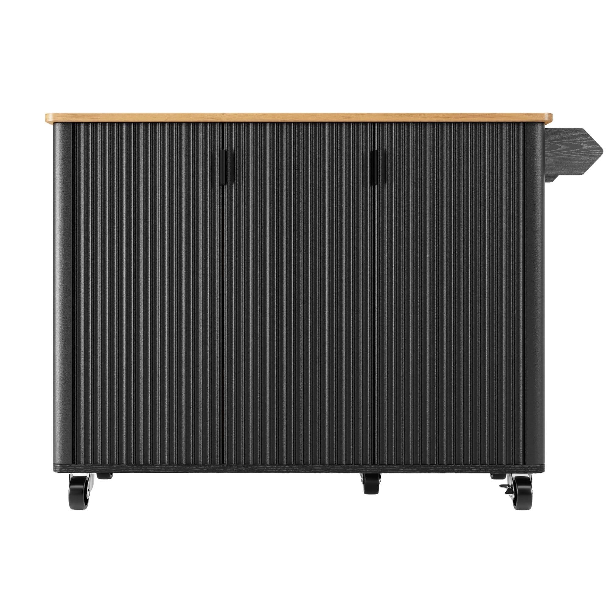 Îlot de cuisine mobile avec plan de travail rabattable, 3 portes, porte-serviettes et étagère à épices, 130x45/75x92 cm, Noir