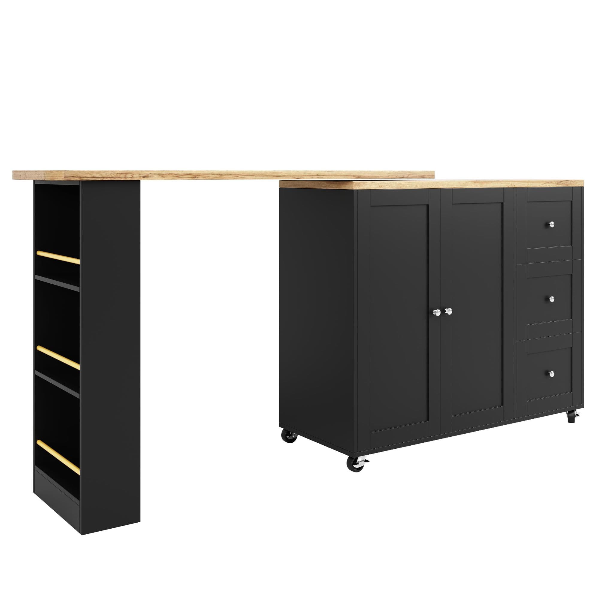 Îlot de cuisine extensible pivotant à 360°, avec 3 tiroirs, 2 portes et étagère latérale pour en-cas, 135-203x39x106 cm, Noir