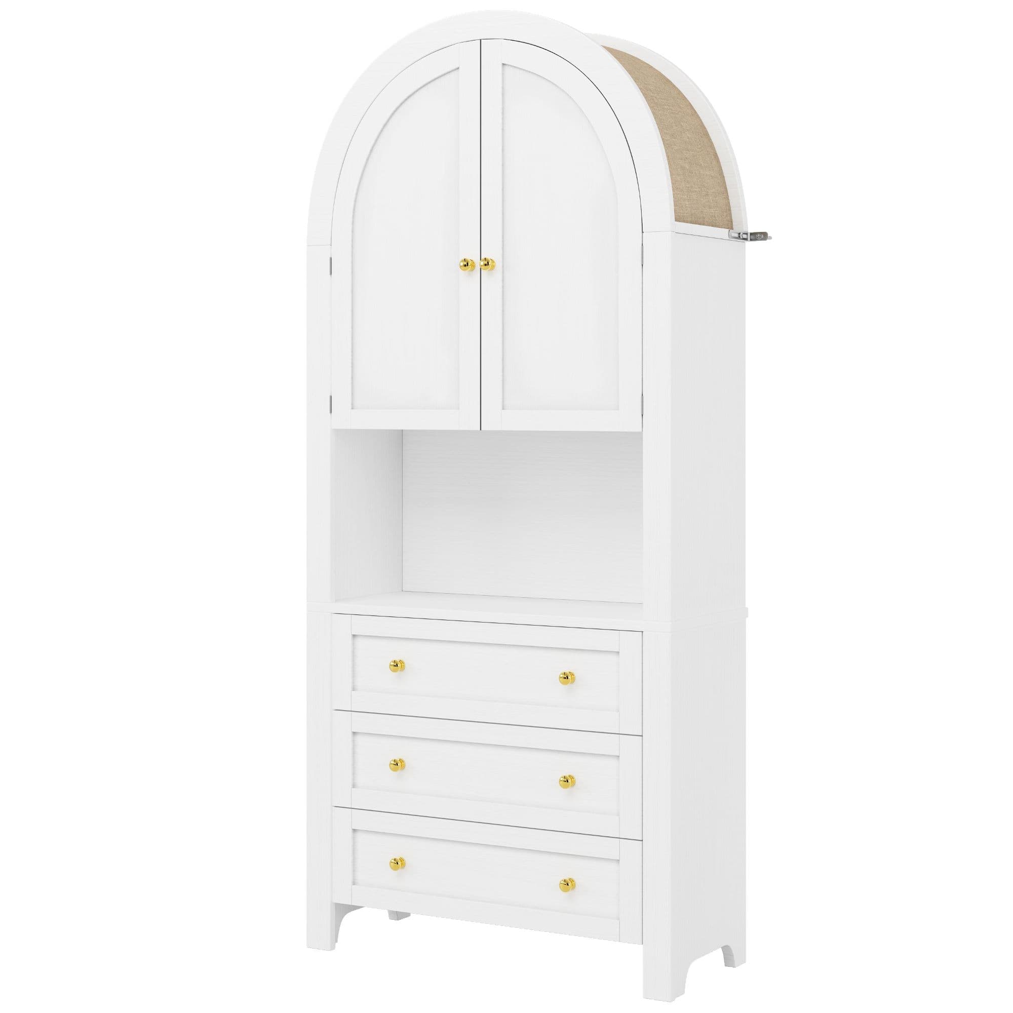 Armoire de rangement aute à arc avec 3 tiroirs, portes et nice d'exposition ouverte, pour cuisine et salon, 70x35x180 cm, Blanc