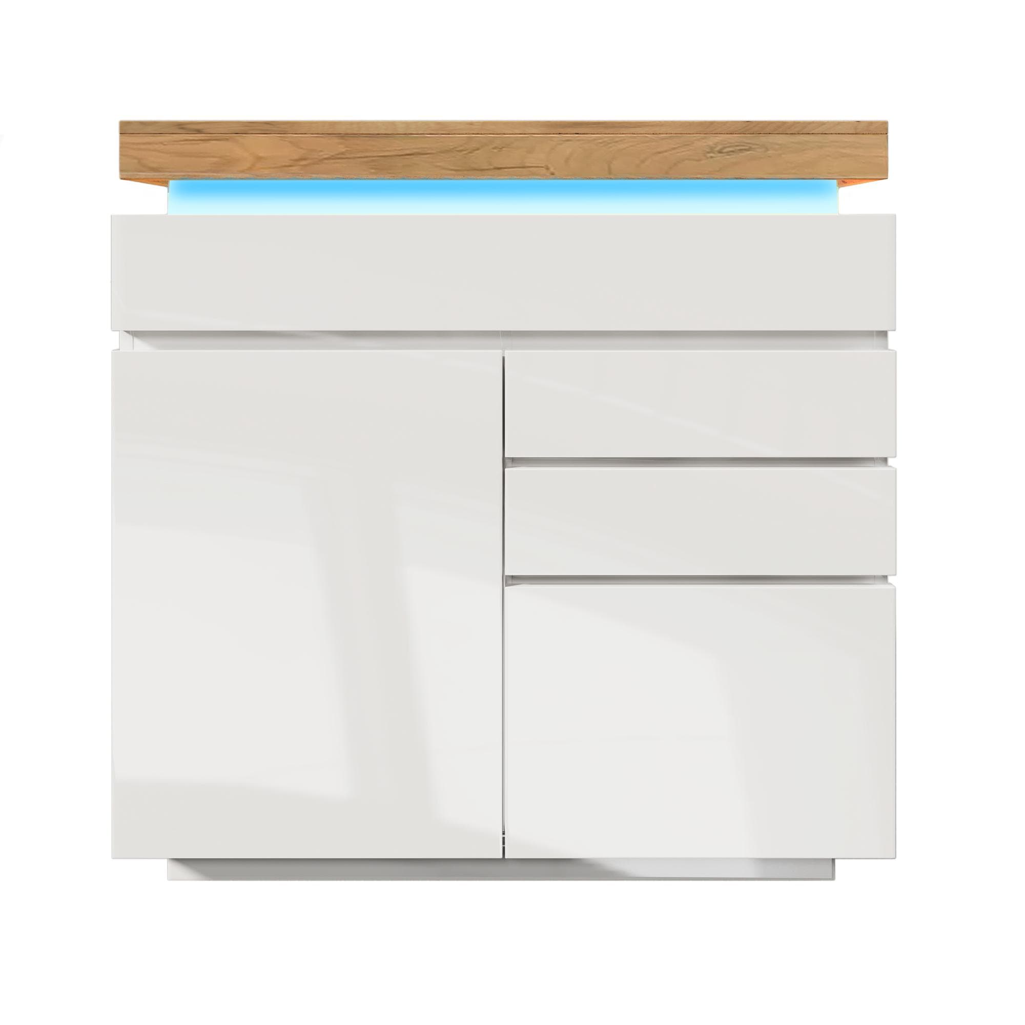 Commode avec 2 portes & 3 tiroirs, Éclairage LED, Meuble polyvalent pour salon et cambre, 110x39x115 cm, Blanc