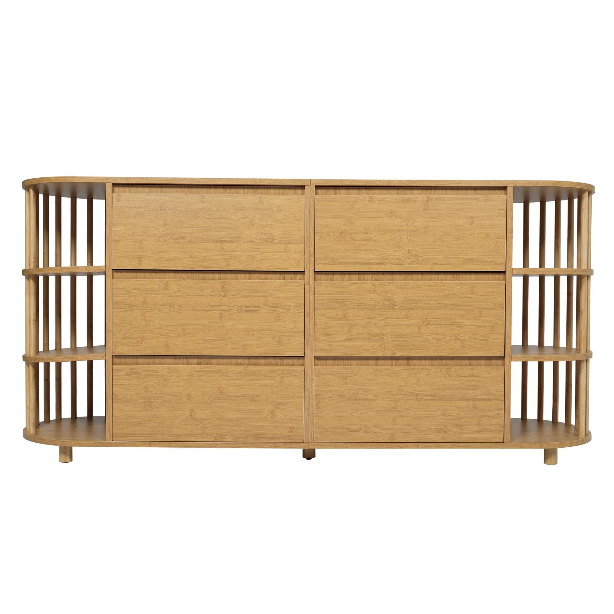 Commode/Buffet, 6 tiroirs & étagères ouvertes, style romain avec colonnes & étagères en bambou, 160x40x75 cm, Couleur naturelle