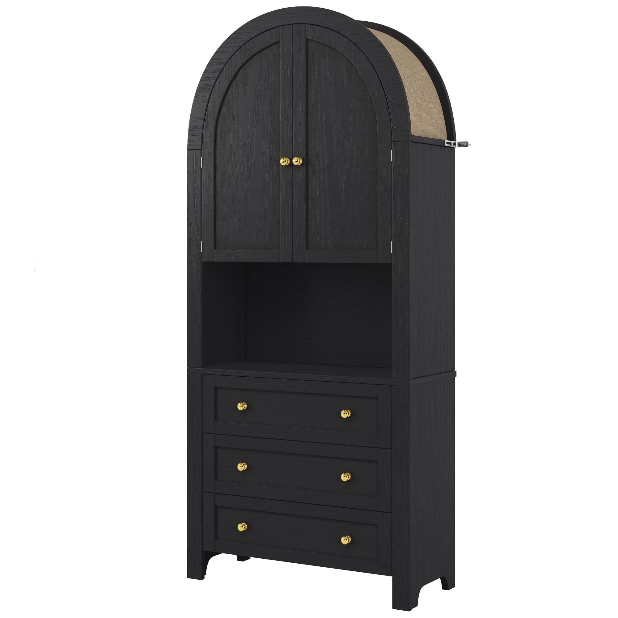 Armoire de rangement aute à arc avec 3 tiroirs, portes et nice d'exposition ouverte, pour cuisine et salon, 70x35x180 cm, Noir
