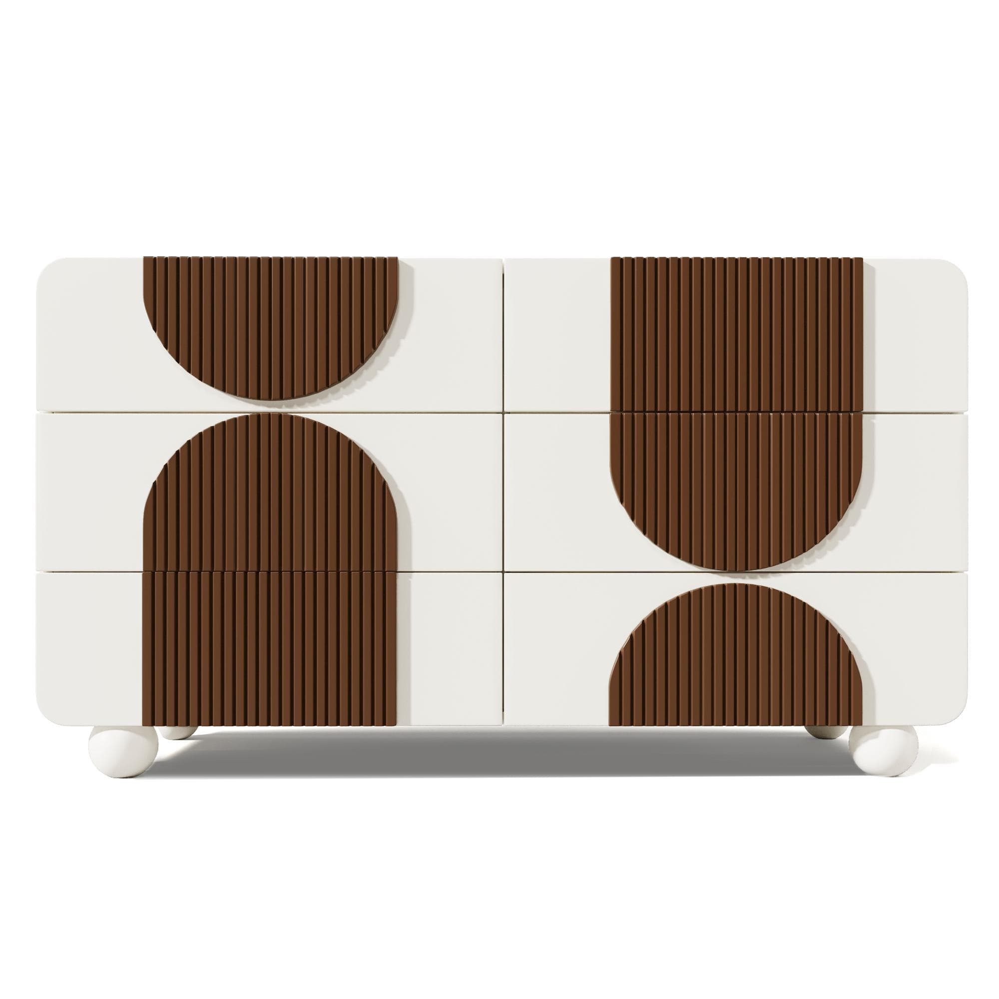 Commode avec 6 tiroirs, avec lattes en bois couleur cocolat et pieds massifs spériques en bois blancs, 121x41x71 cm, Blanc