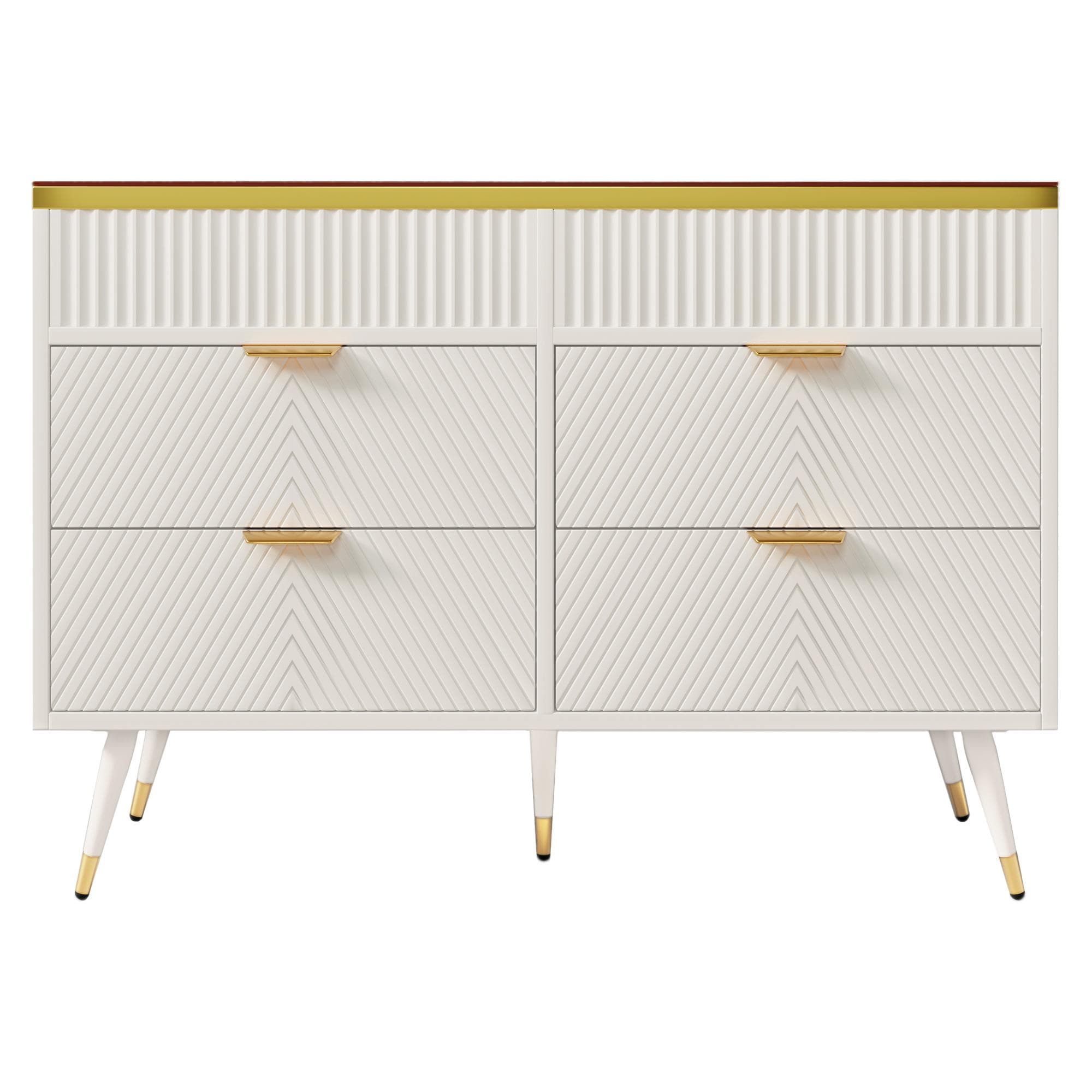 Commode/buffet à 6 tiroirs avec verre ambré, armoire aute pour cambre et pièces à vivre, 120x40x76 cm, Blanc