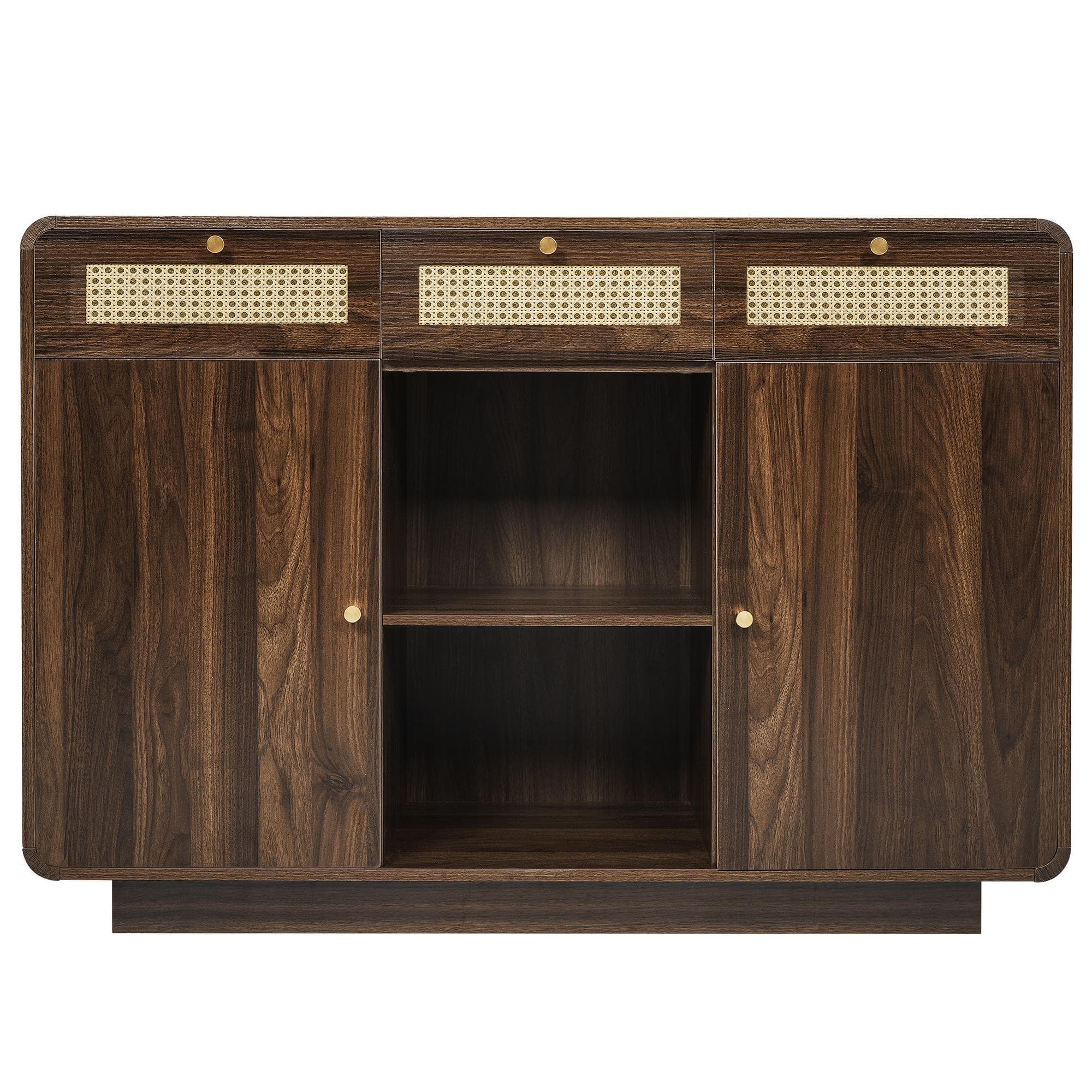 Commode buffet, 3 tiroirs + 2 portes avec étagère centrale ouverte et façades en rotin, 120x40x85 cm, Marron
