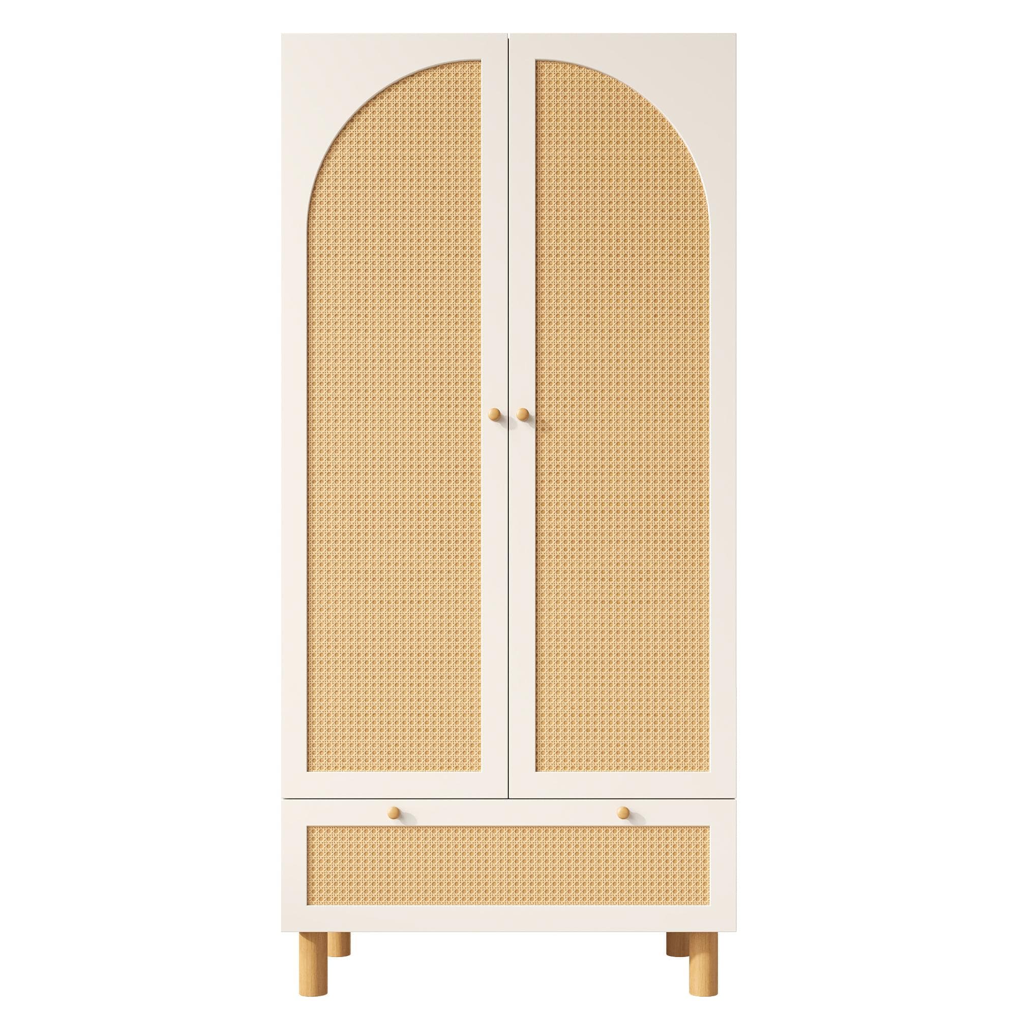 Armoire 2 portes avec façade en rotin, grand tiroir, étagères réglables en auteur et tringle à vêtements, 180x85x52 cm, Blanc