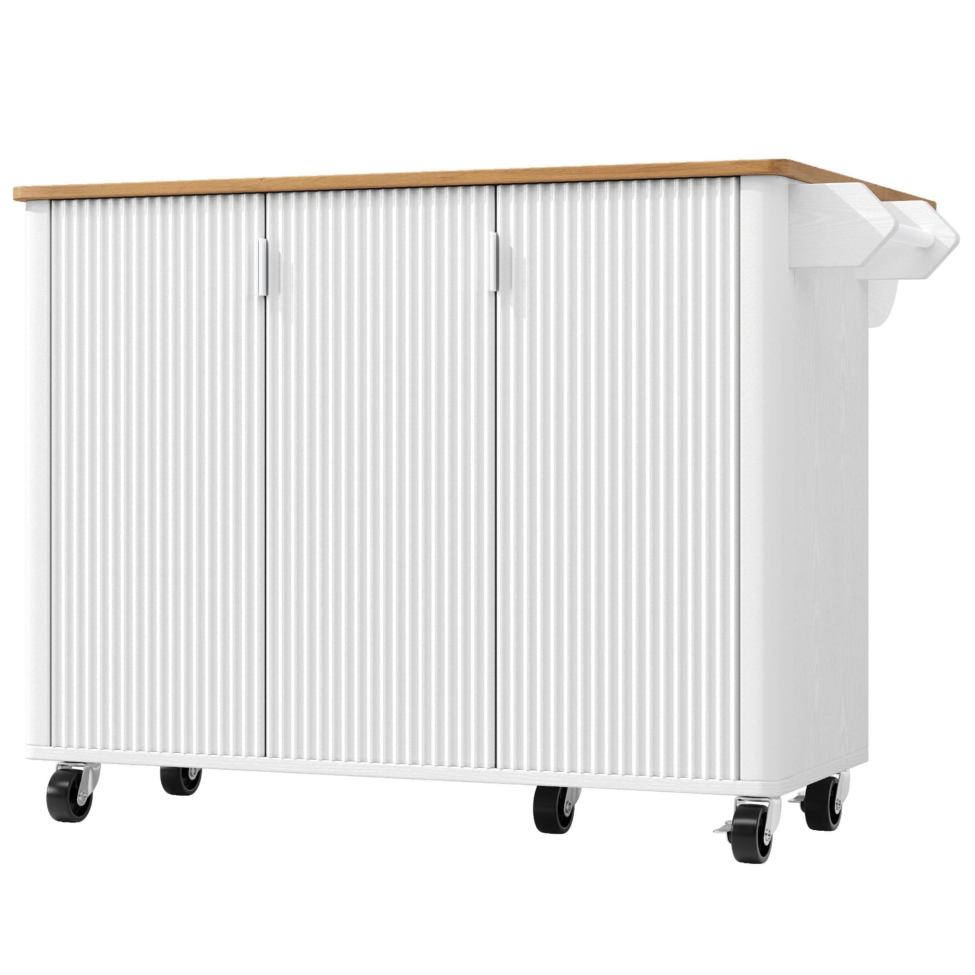 Îlot de cuisine mobile avec plan de travail rabattable, 3 portes, porte-serviettes et étagère à épices, 130x45/75x92 cm, Blanc