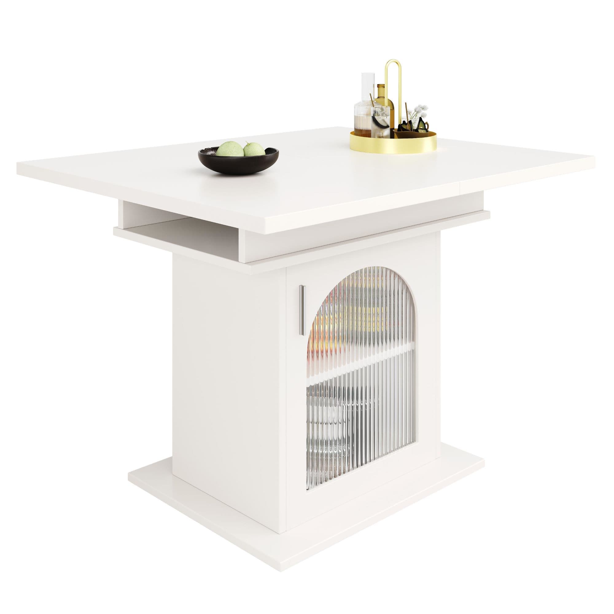 Table à rallonge avec 3 niveaux de rangement et portes vitrées, 110-140x80x76 cm, Blanc