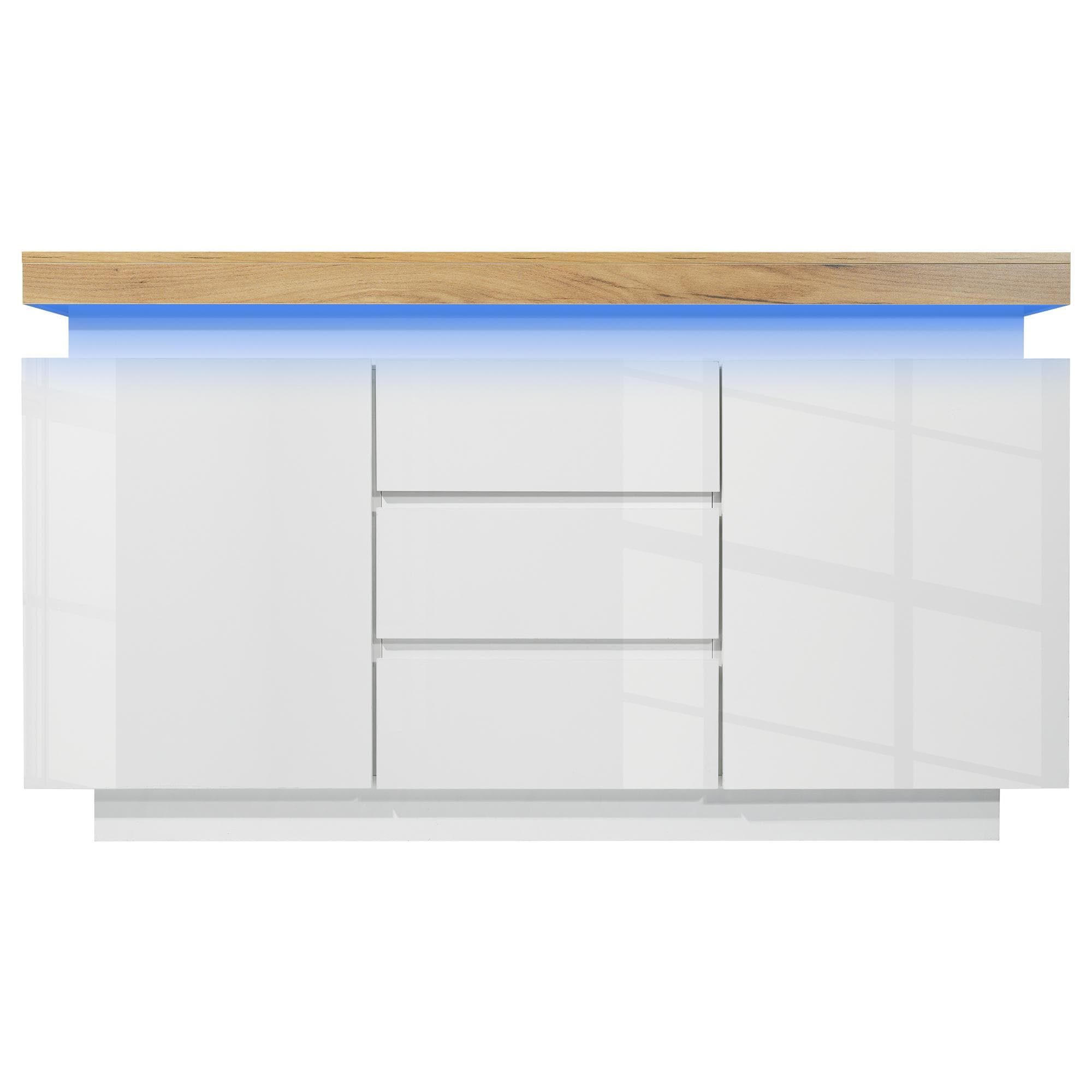 Buffet-commode avec 2 portes et 3 tiroirs, éclairage LED, 140x39x81 cm, Blanc