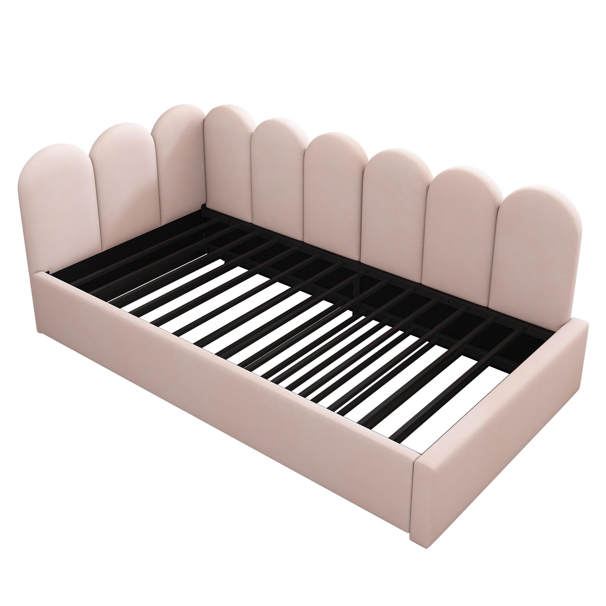 Banquette-lit rembourrée avec lit gigogne, canapé-lit 2-en-1 avec revêtement en velours et sommier à lattes, sans matelas, lit principal 90x200 cm / lit gigogne 90x190 cm, Rose
