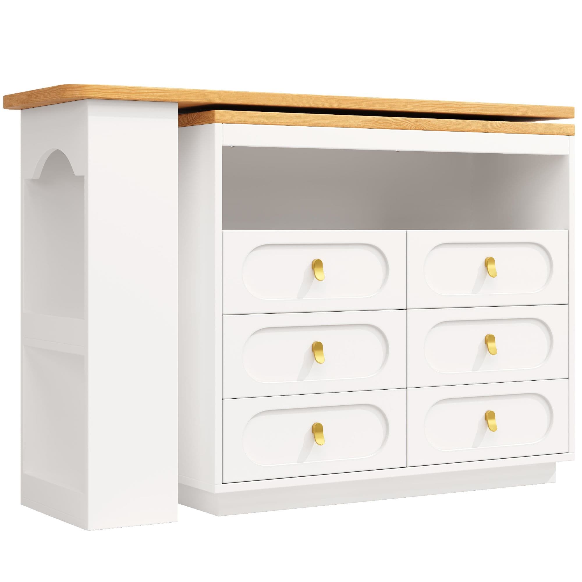 Table de bar extensible avec rotation à 360°, 6 tiroirs et étagère latérale pour collations, 137-203x39x90 cm, Blanc
