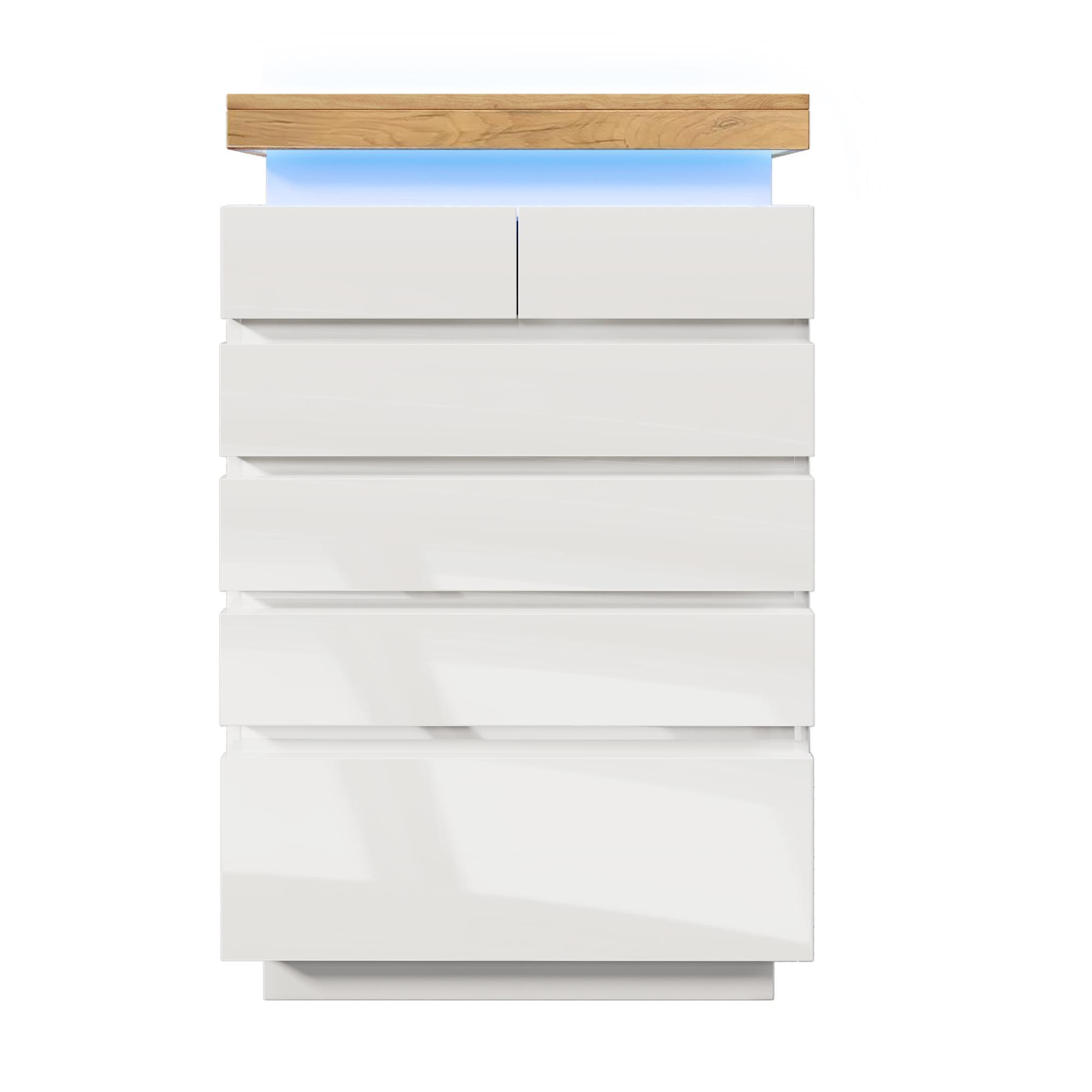 Commode à 6 tiroirs, éclairage LED, grande capacité de rangement, 73x39x115 cm, Blanc