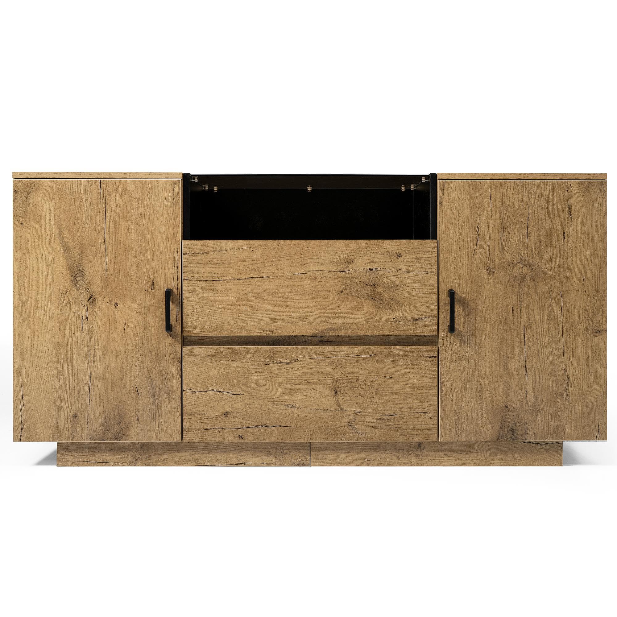 Commode-buffet avec 2 tiroirs, 2 placards réglables en auteur et compartiment ouvert, 140x40x70 cm, Couleur naturelle