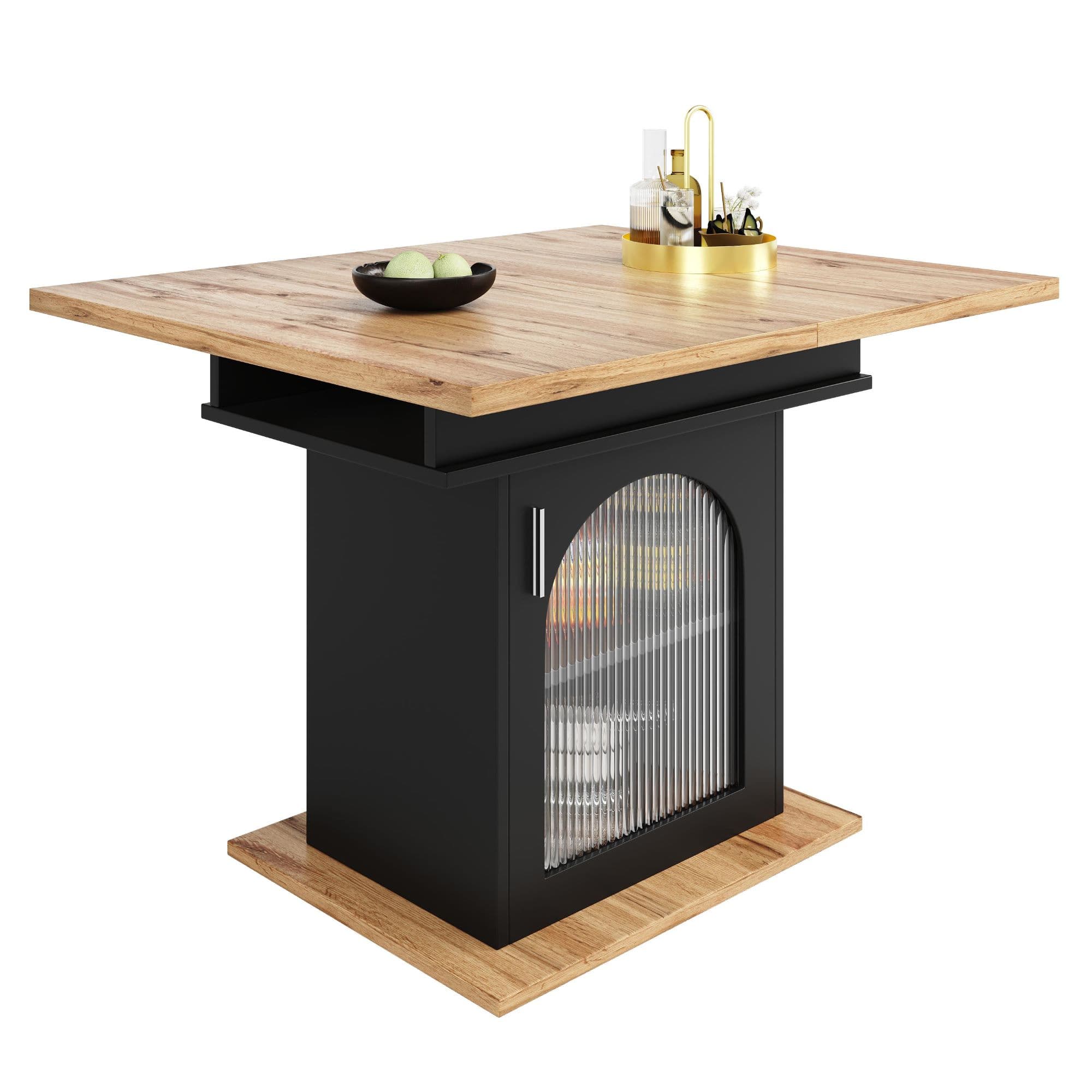Table à rallonge avec 3 niveaux de rangement et portes vitrées, 110-140x80x76 cm, Noir