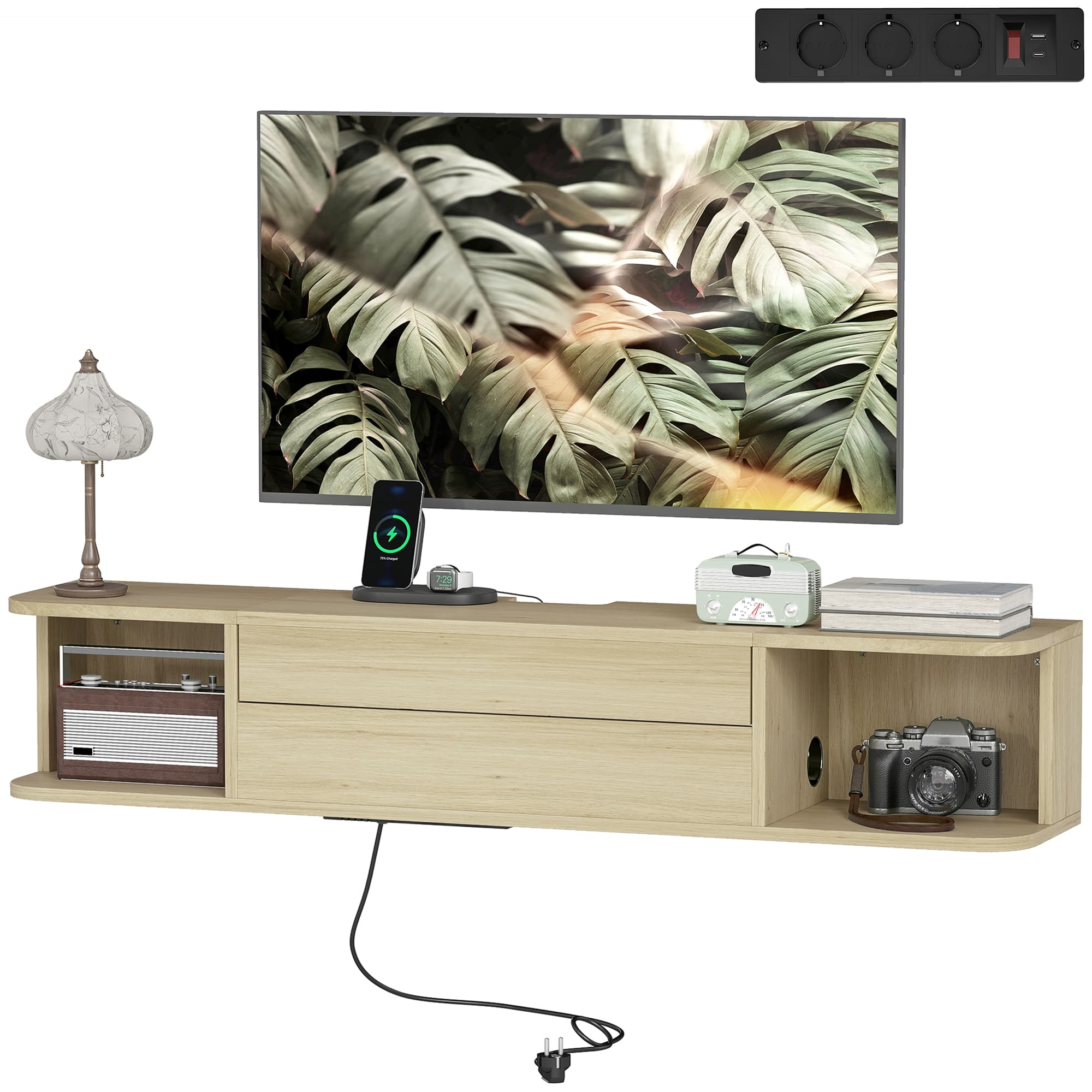 HOMCOM Meuble TV suspendu meuble télé pour téléviseur 50 pouces tiroir étagères passe-câbles 120x24x22,4cm effet bois naturel