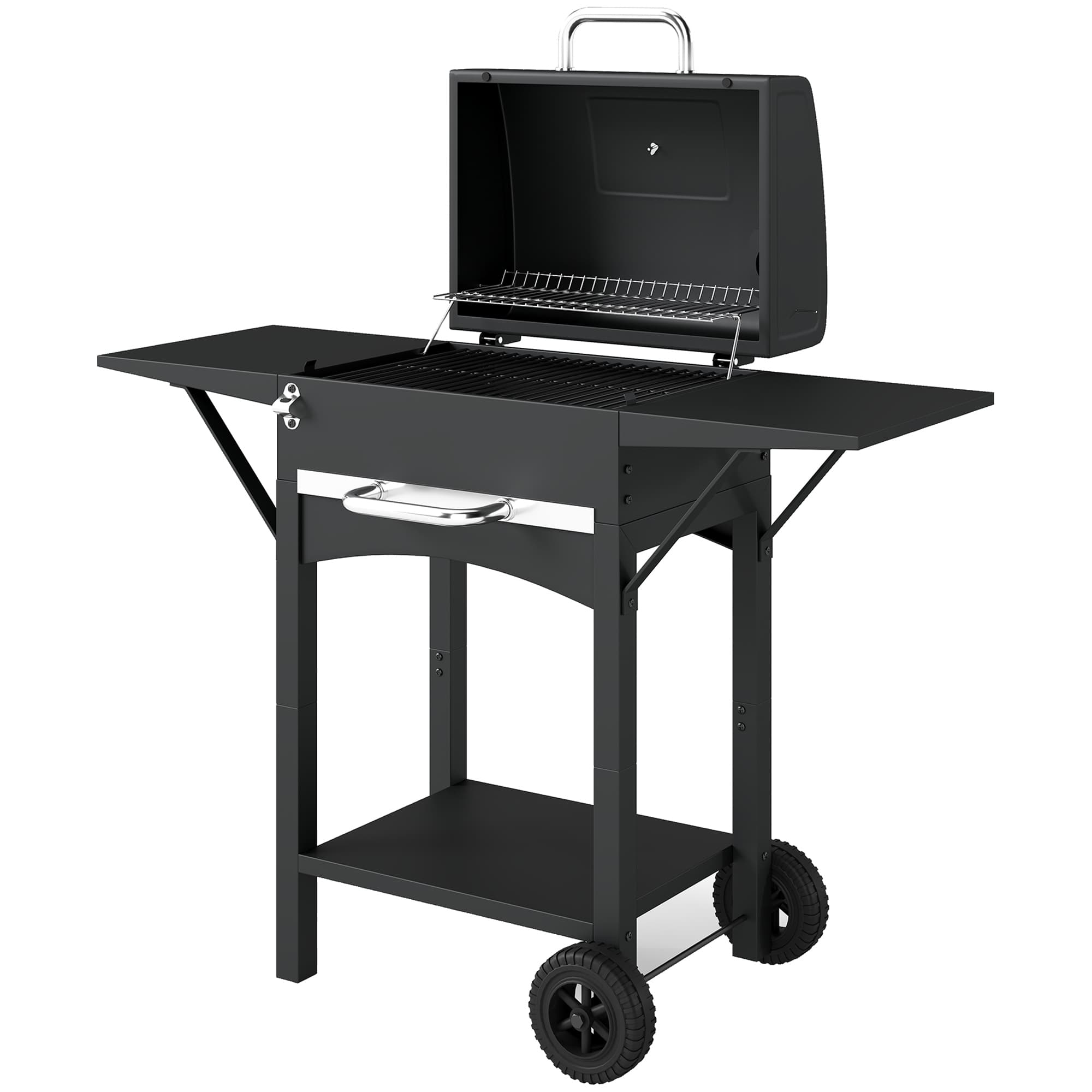 Outsunny Barbecue à charbon avec couvercle, fumoir BBQ avec 2 tables latérales, grande surface de cuisson, grille, thermomètre, roues