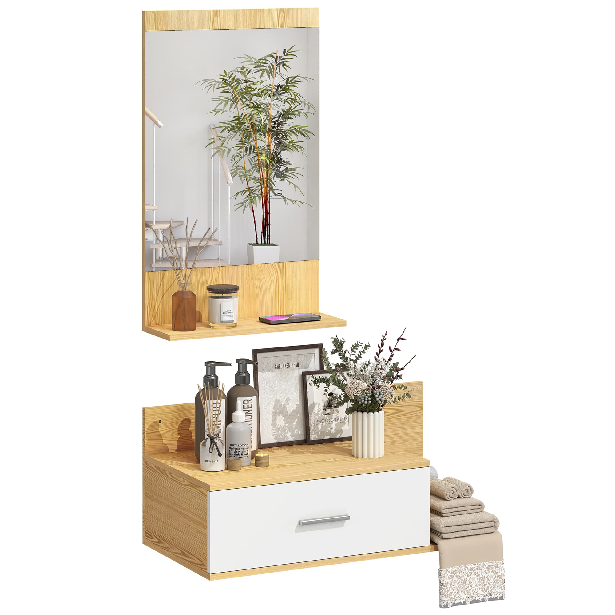 HOMCOM Ensemble de meubles de salle de bain mural avec miroir et rangement Miroir avec tiroir et 2 étagères ouvertes Bois naturel