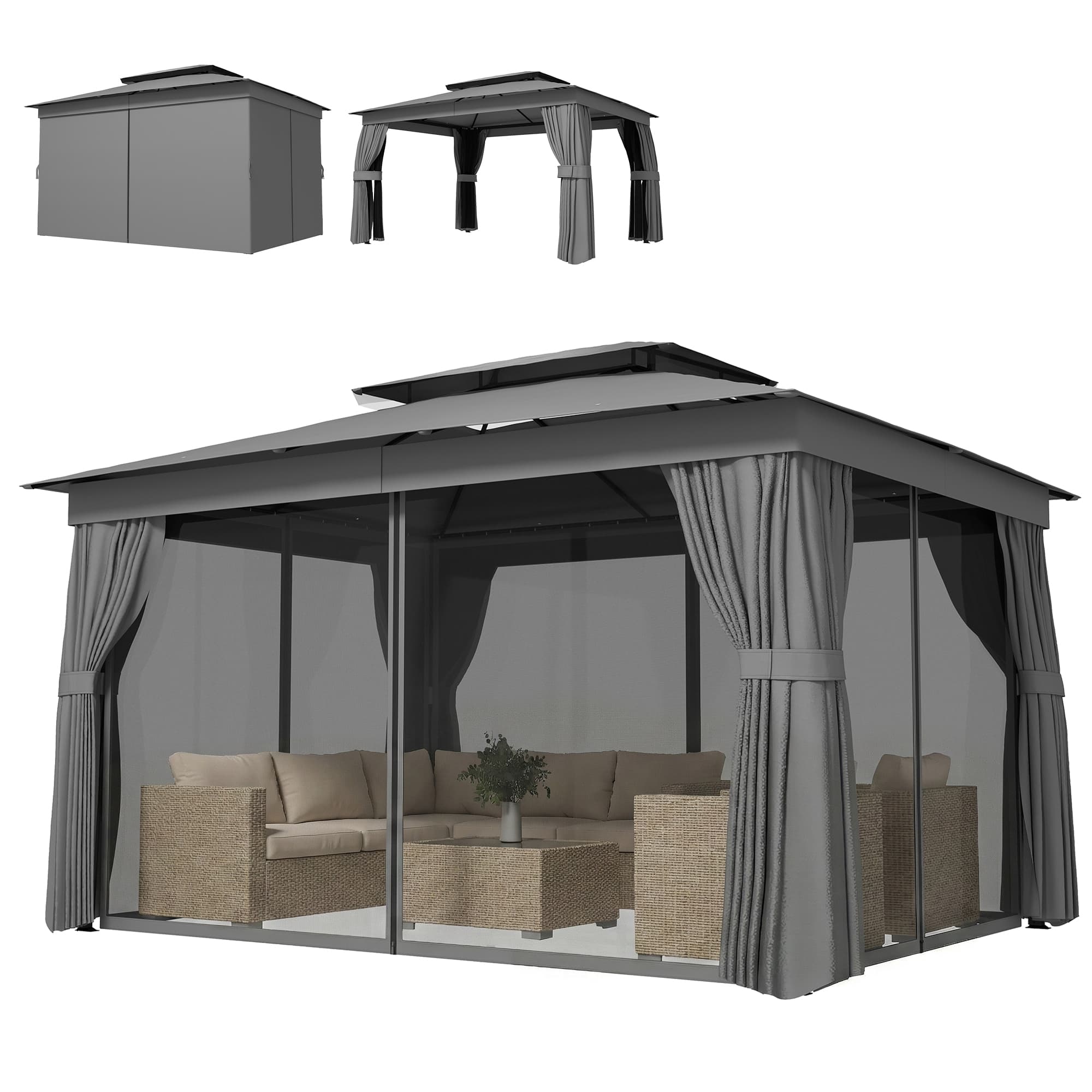 Outsunny Pavillon 3,8x3m déperlant stable résistant hiver pavillon de jardin à double toit rideaux moustiquaire crochets gris foncé