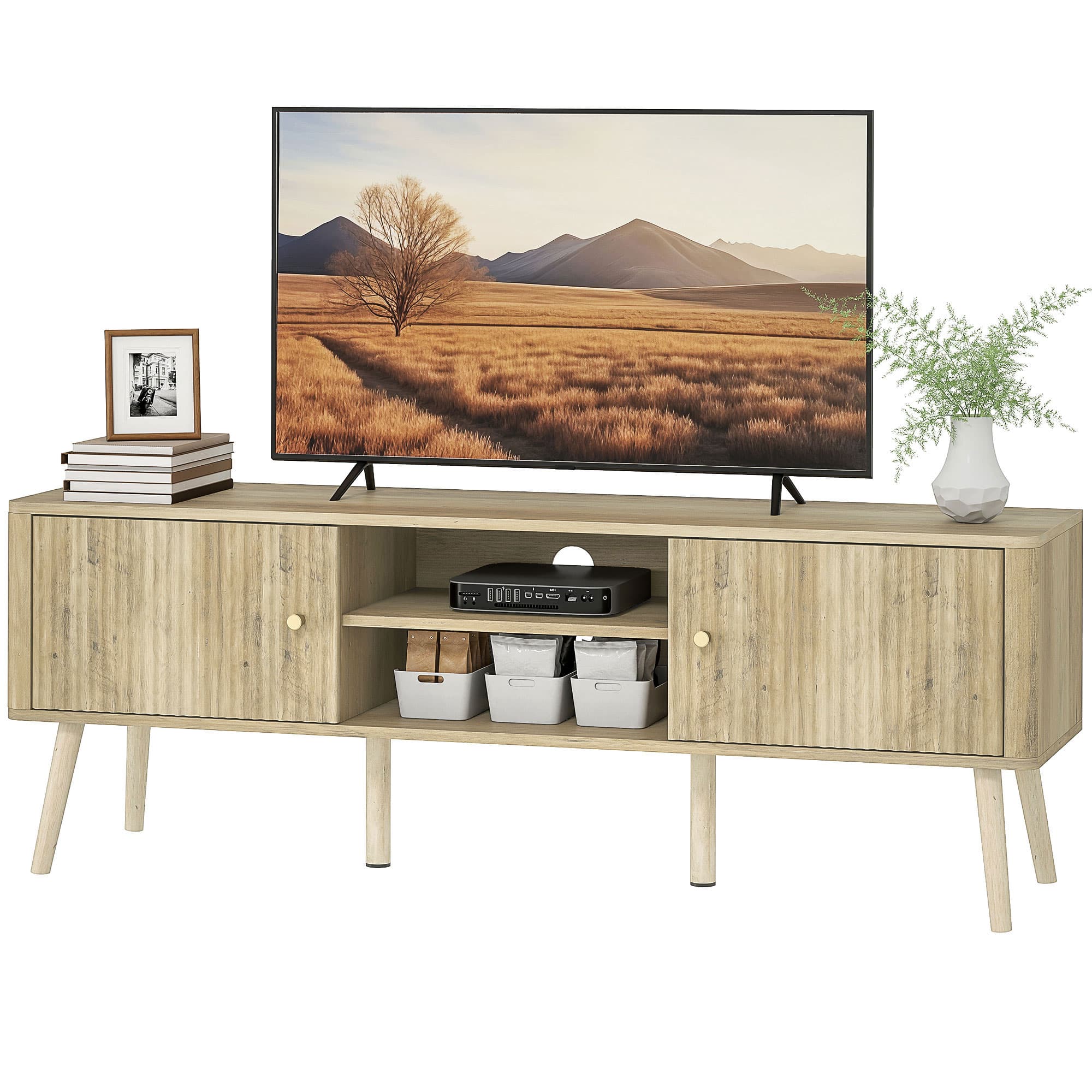 HOMCOM Meuble TV, meuble télé jusqu'à 65 pouces avec 2 portes, 2 compartiments ouverts, étagère réglable, 140x35x49cm, chêne