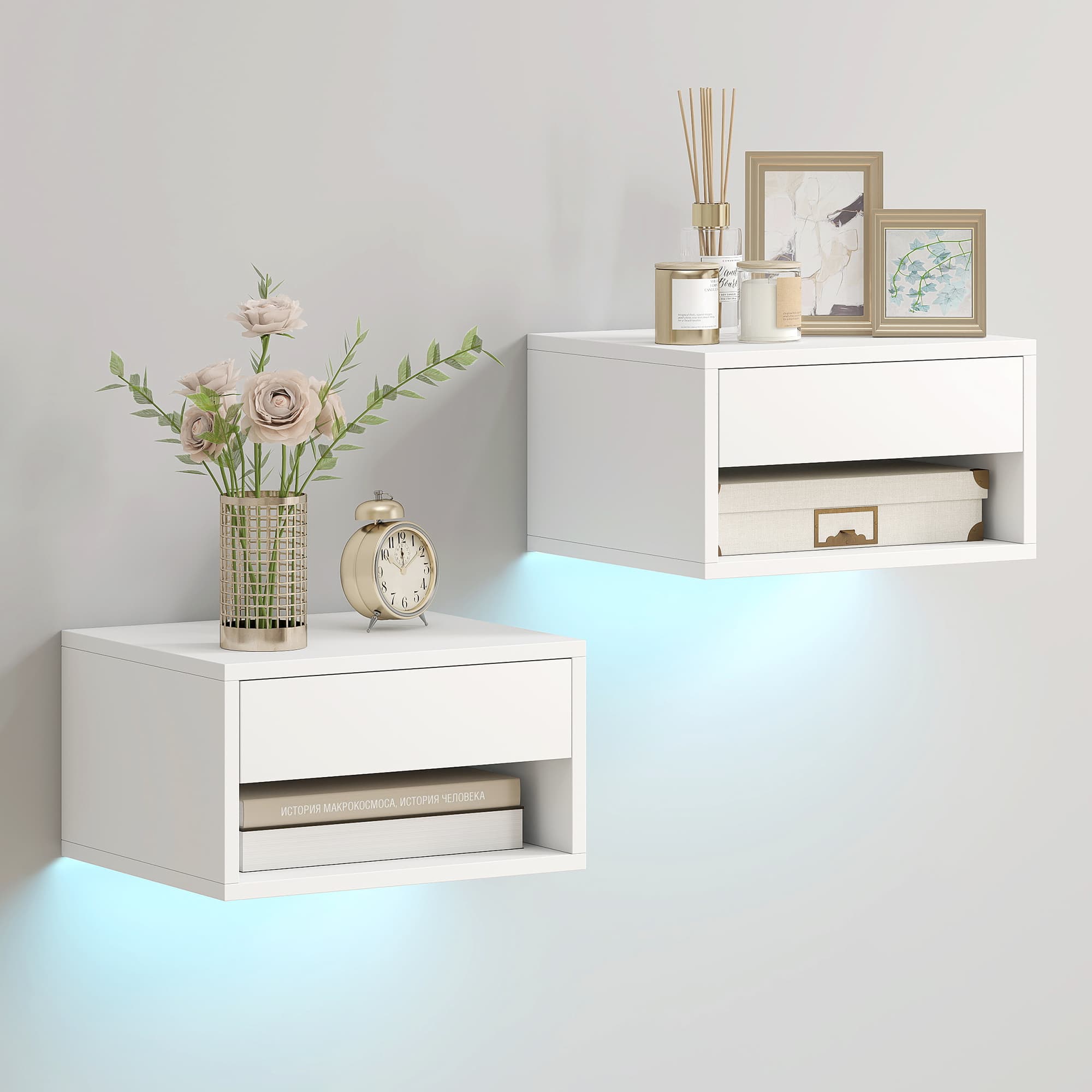 HOMCOM Table de chevet lot de 2 avec éclairage LED RGB, table de chevet flottante avec tiroir et compartiment ouvert, blanche