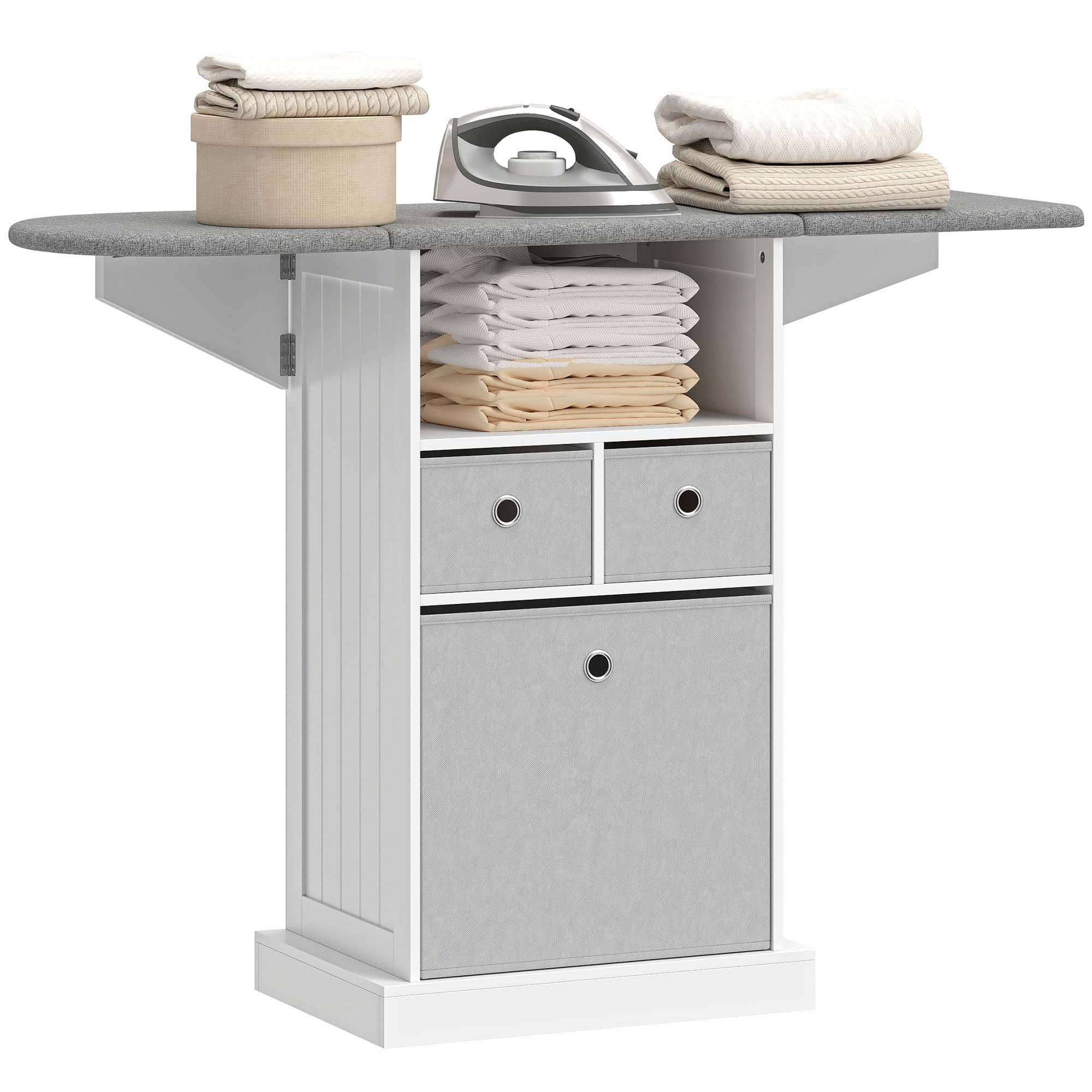 HOMCOM Meuble table à repasser pliable sur roulettes avec étagère ouverte et 3 tiroirs, 121x37x89.5 cm, Blanc et Gris