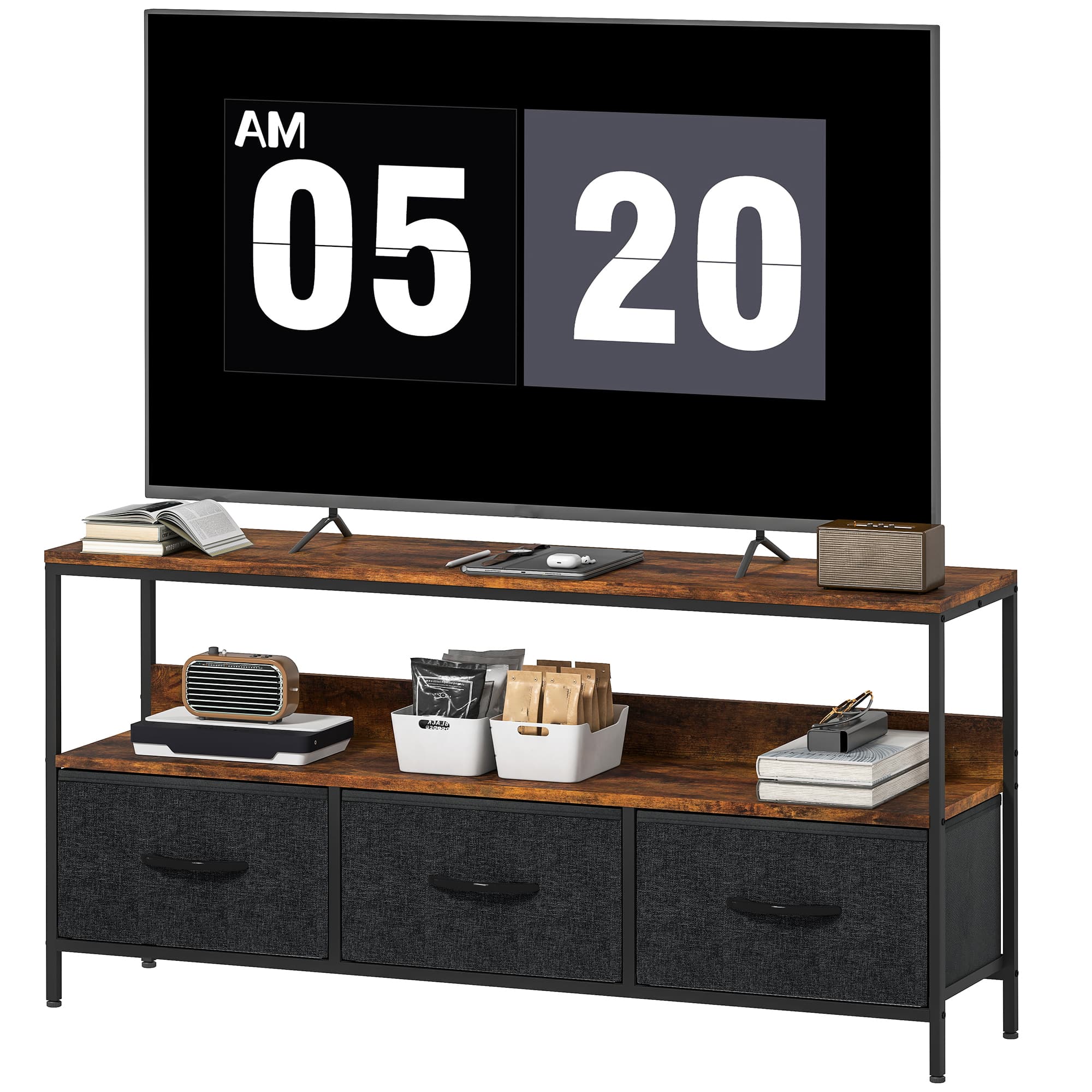 HOMCOM Meuble TV, meuble télé pour téléviseur jusqu'à 55 pouces avec 3 tiroirs et pieds en acier 120 x 29 x 56 cm brun rustique