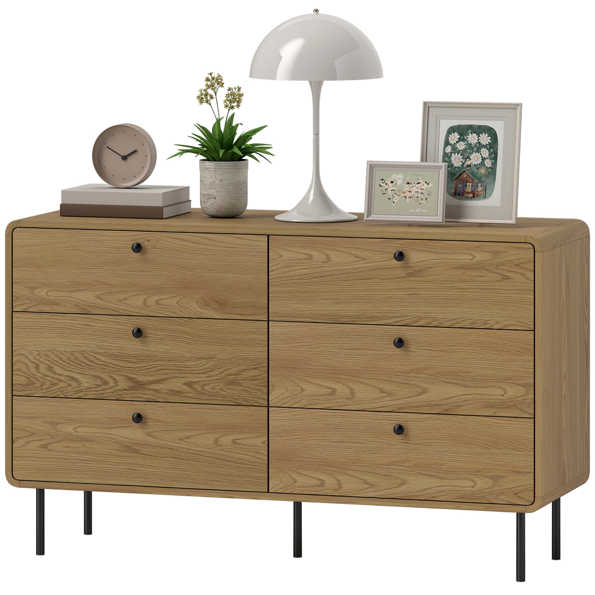 HOMCOM Commode 6 tiroirs meuble de rangement style moderne coins arrondis et pieds en acier 120 x 40 x 75cm effet bois de chêne