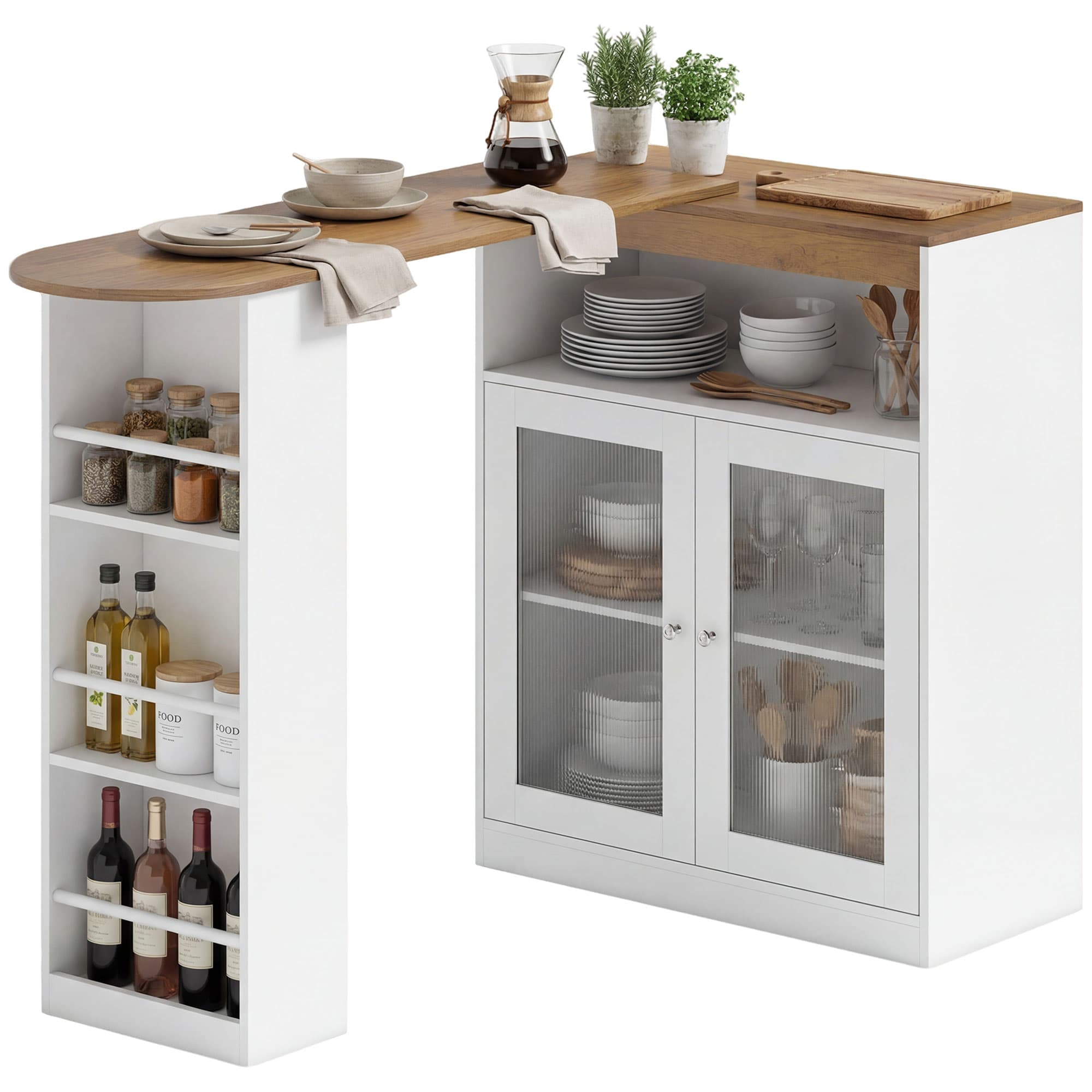 HOMCOM Table de bar extensible et pivotante 360° avec étagères ouvertes et 2 portes en verre 150x80x105,5 cm blanc et bois naturel