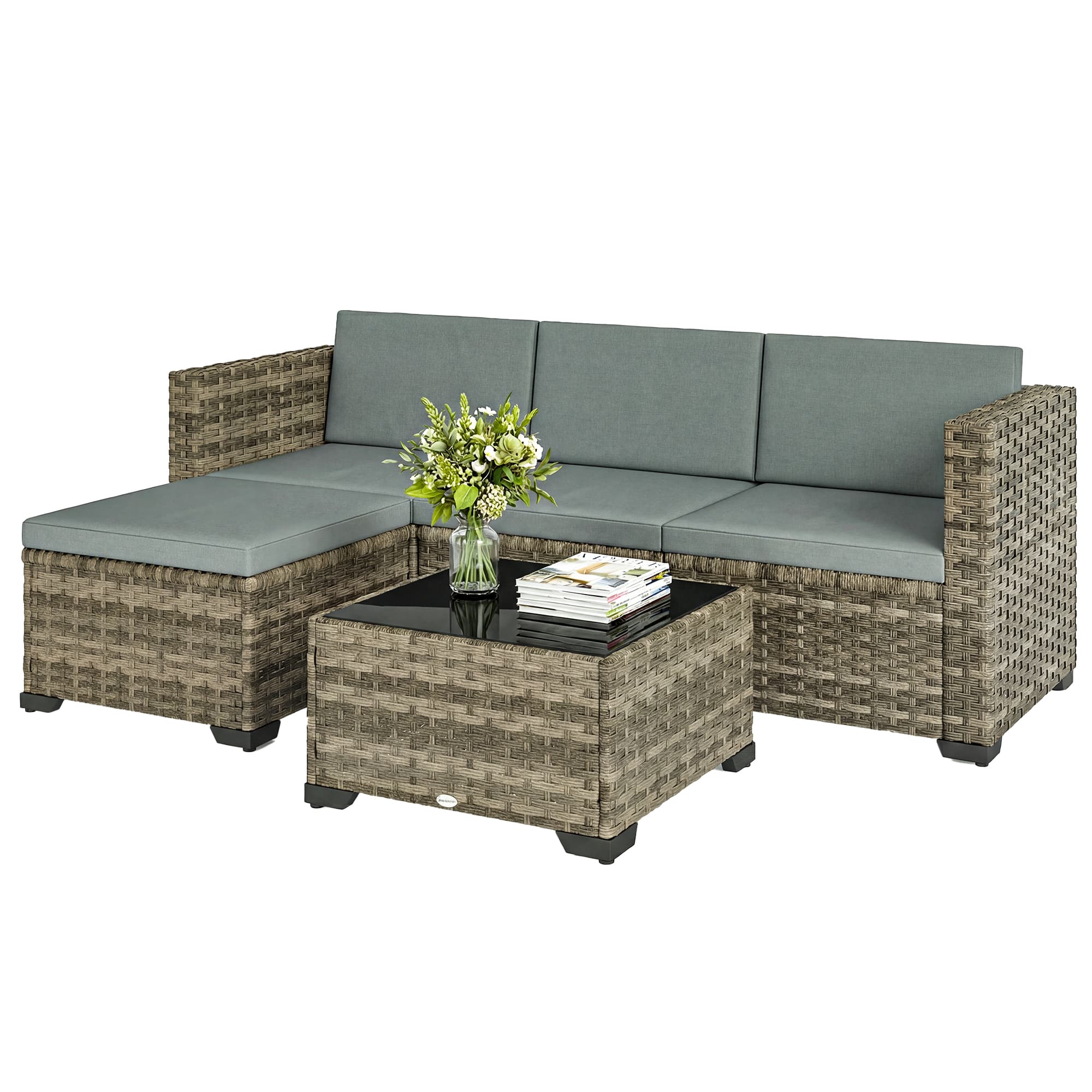 Outsunny Ensemble de jardin extérieur en rotin 5 pièces avec coussins 2 fauteuils d'angle fauteuil sans accoudoirs repose-pieds et table
