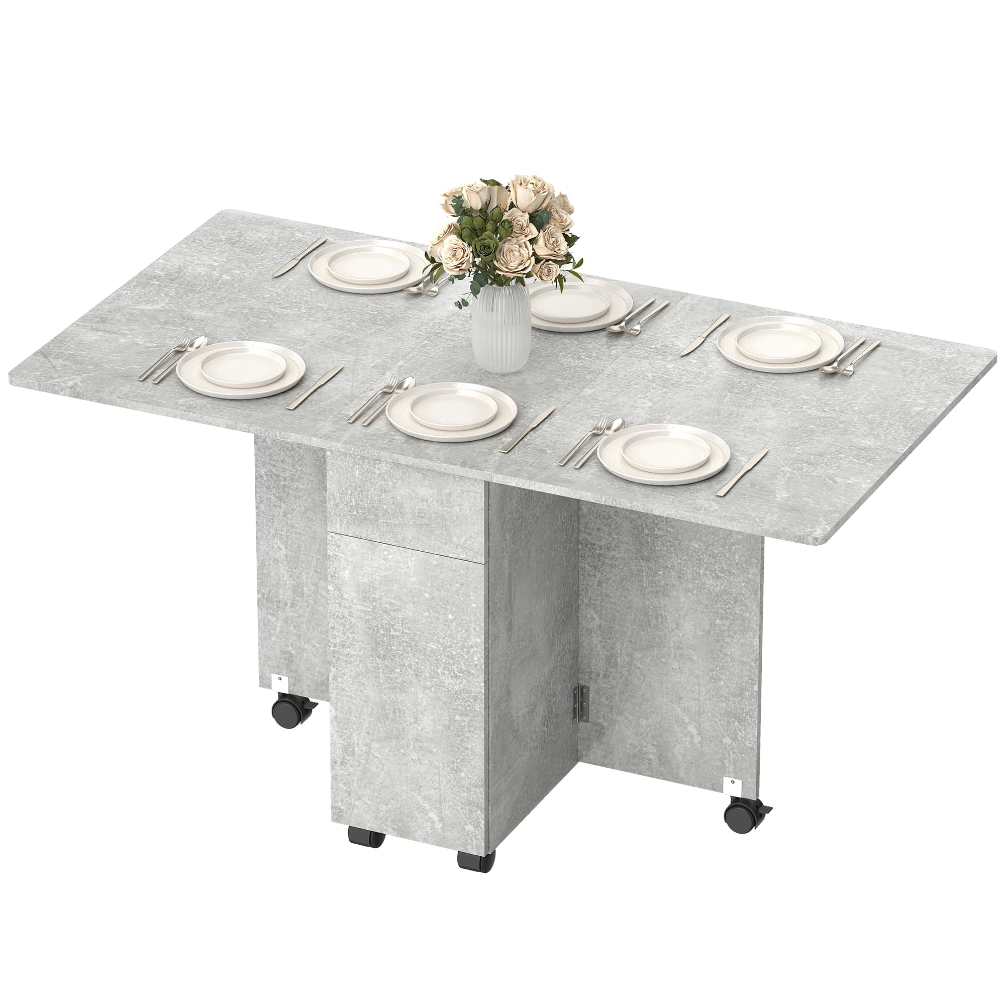 HOMCOM Table Pliante avec Rallonges, Tiroirs, 6 Roulettes, Gris Ciment