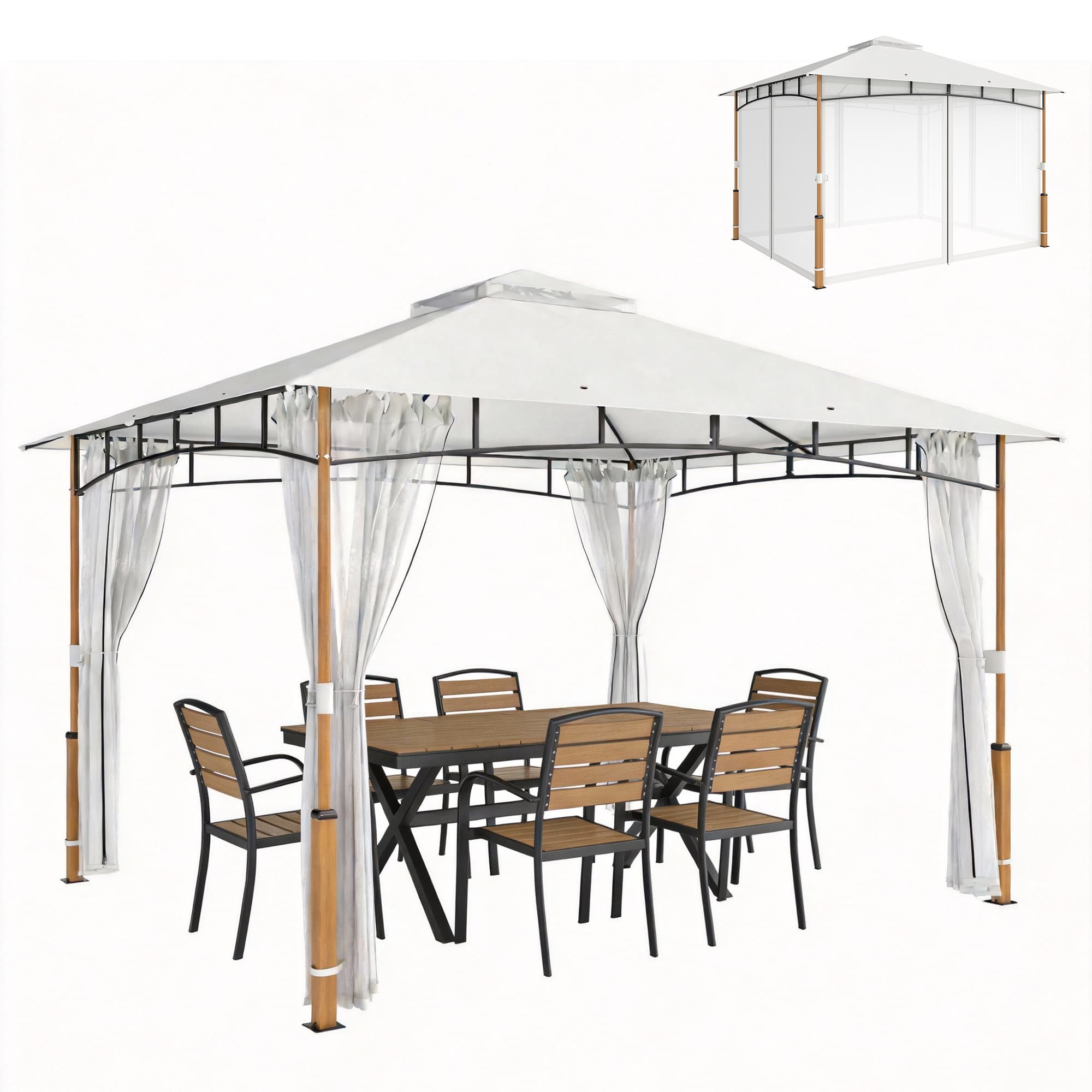 Outsunny Tente de Jardin à Double Toit Tonnelle avec Parois en Maille UPF50+ pour Extérieur Terrasse 360x300x275 cm Crème et Teck