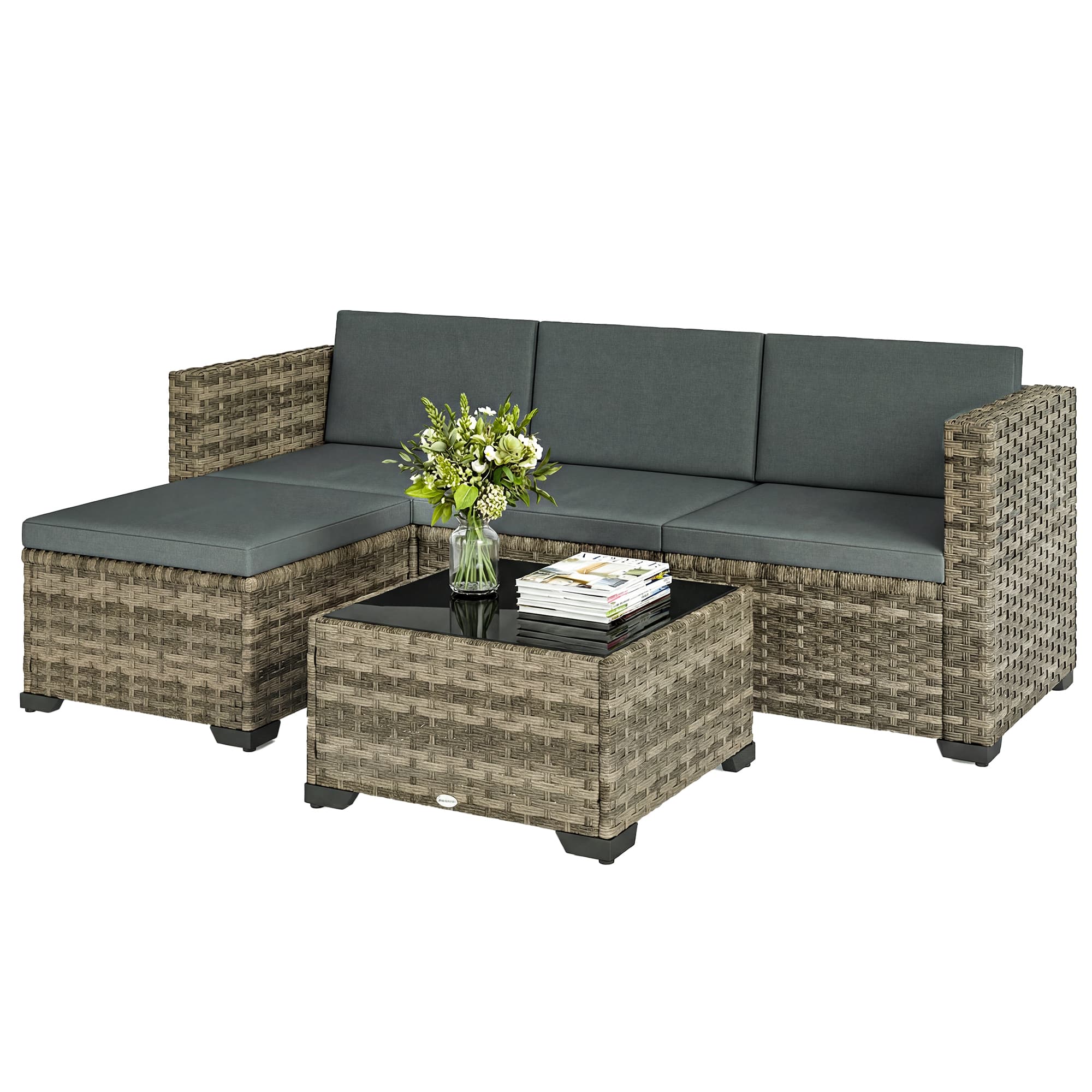 Outsunny Ensemble de jardin extérieur en rotin 5 pièces avec coussins 2 fauteuils d'angle fauteuil sans accoudoirs repose-pieds et table