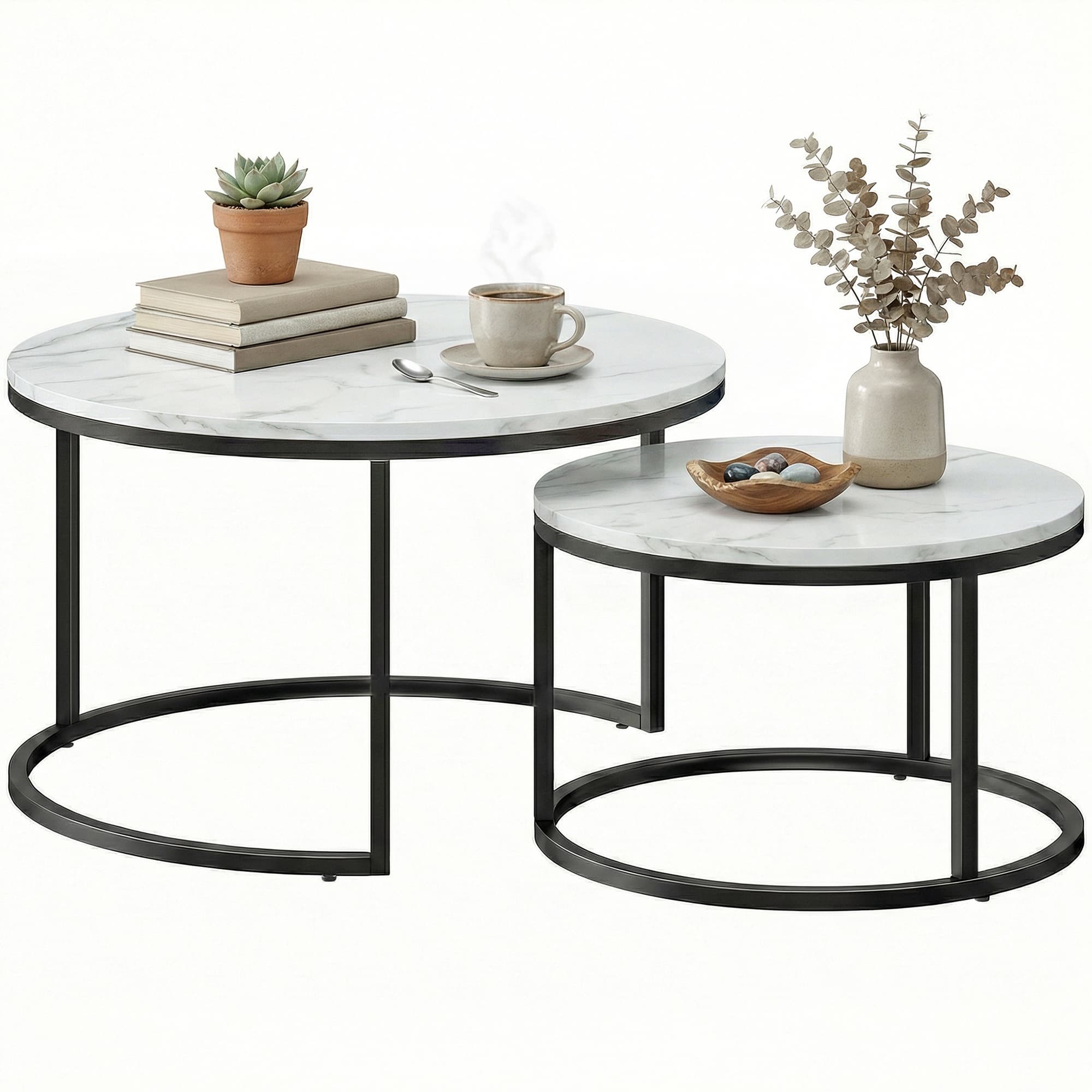 HOMCOM Lot de 2 tables basses gigognes empilable design industriel pieds en métal blanc