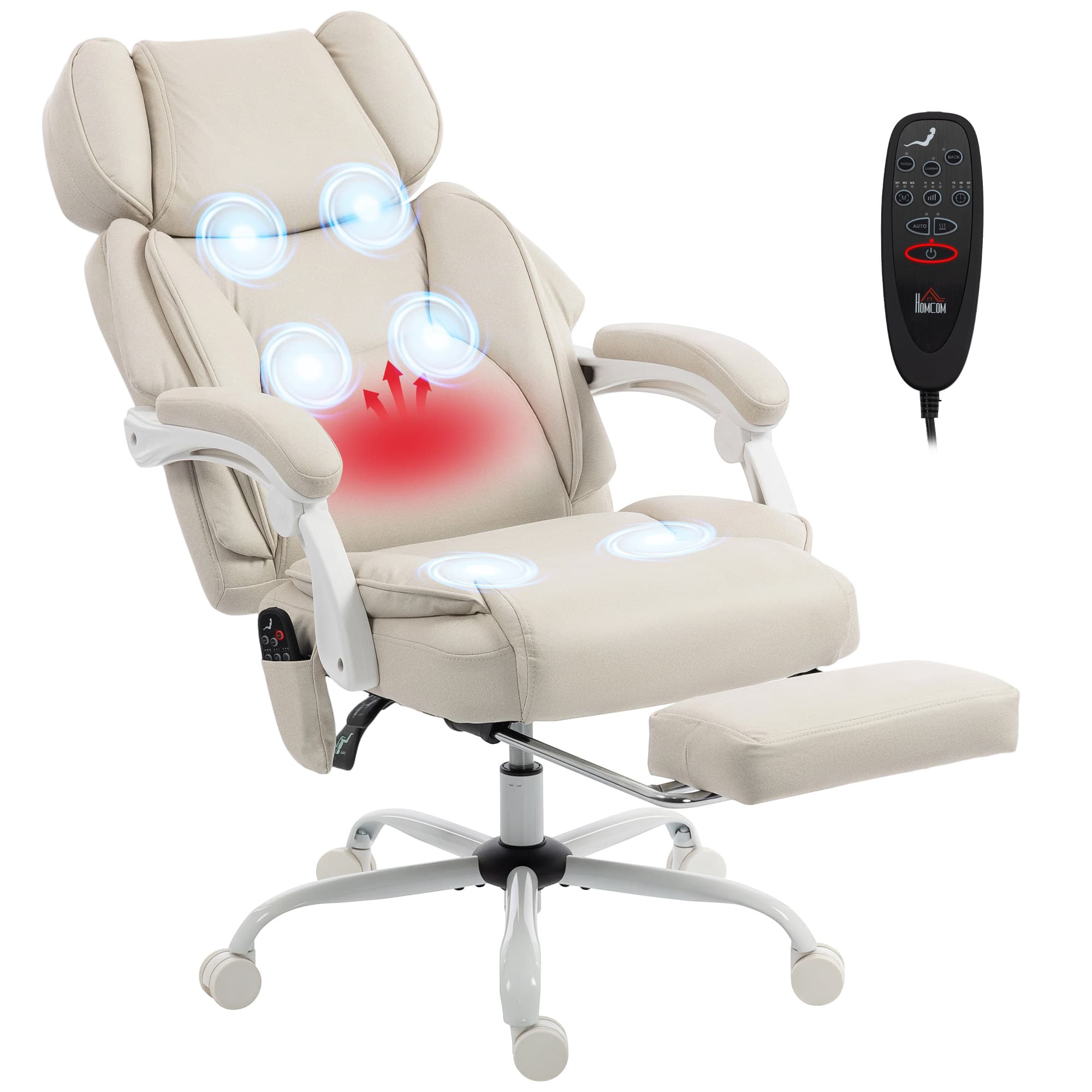 HOMCOM Fauteuil de bureau à dossier haut avec massage par vibration et chauffage, ergonomique, inclinable, avec repose-pieds, blanc crème