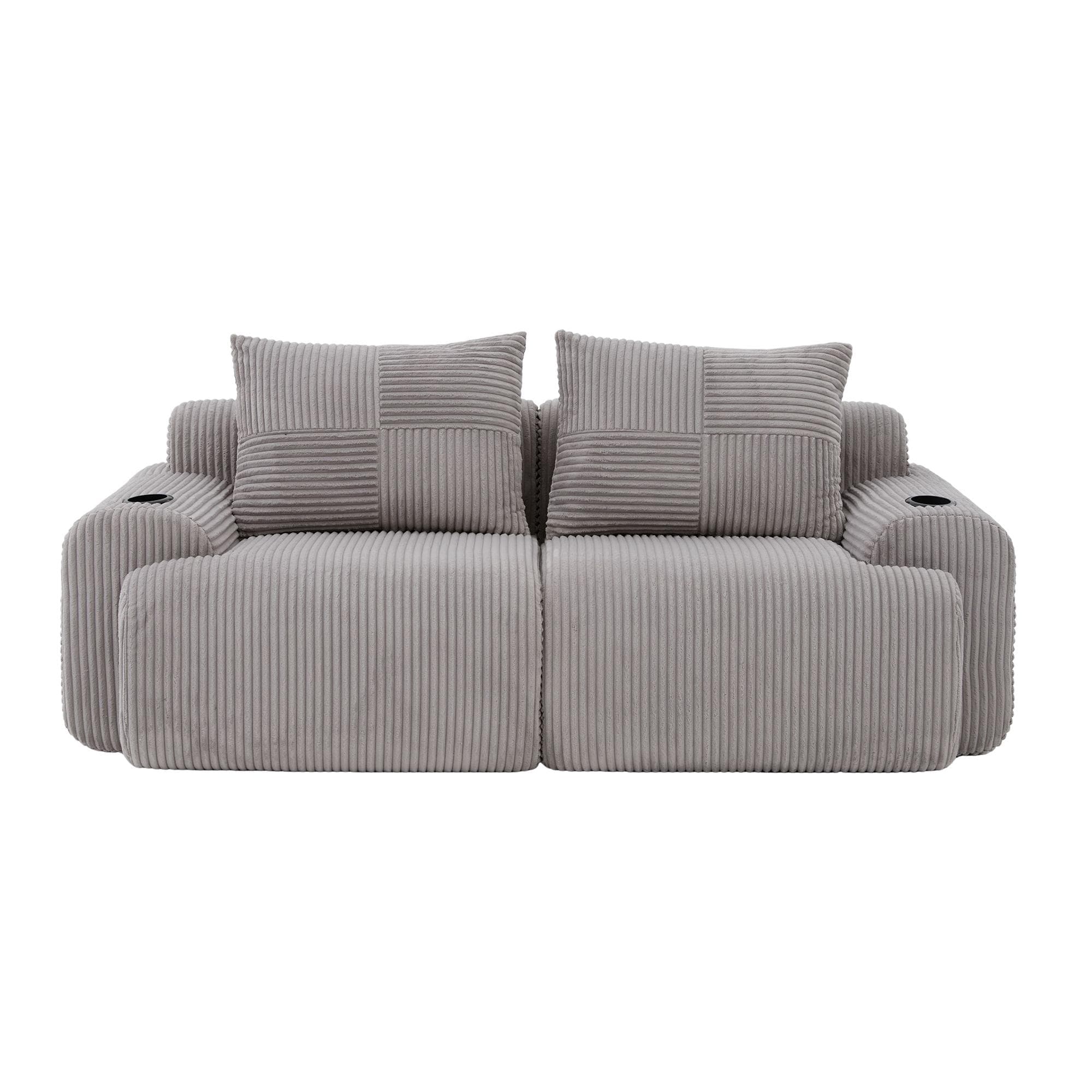 Canapé modulable 2 places en velours côtelé, avec porte-gobelet et poche latérale, 200x99x80 cm, Gris clair