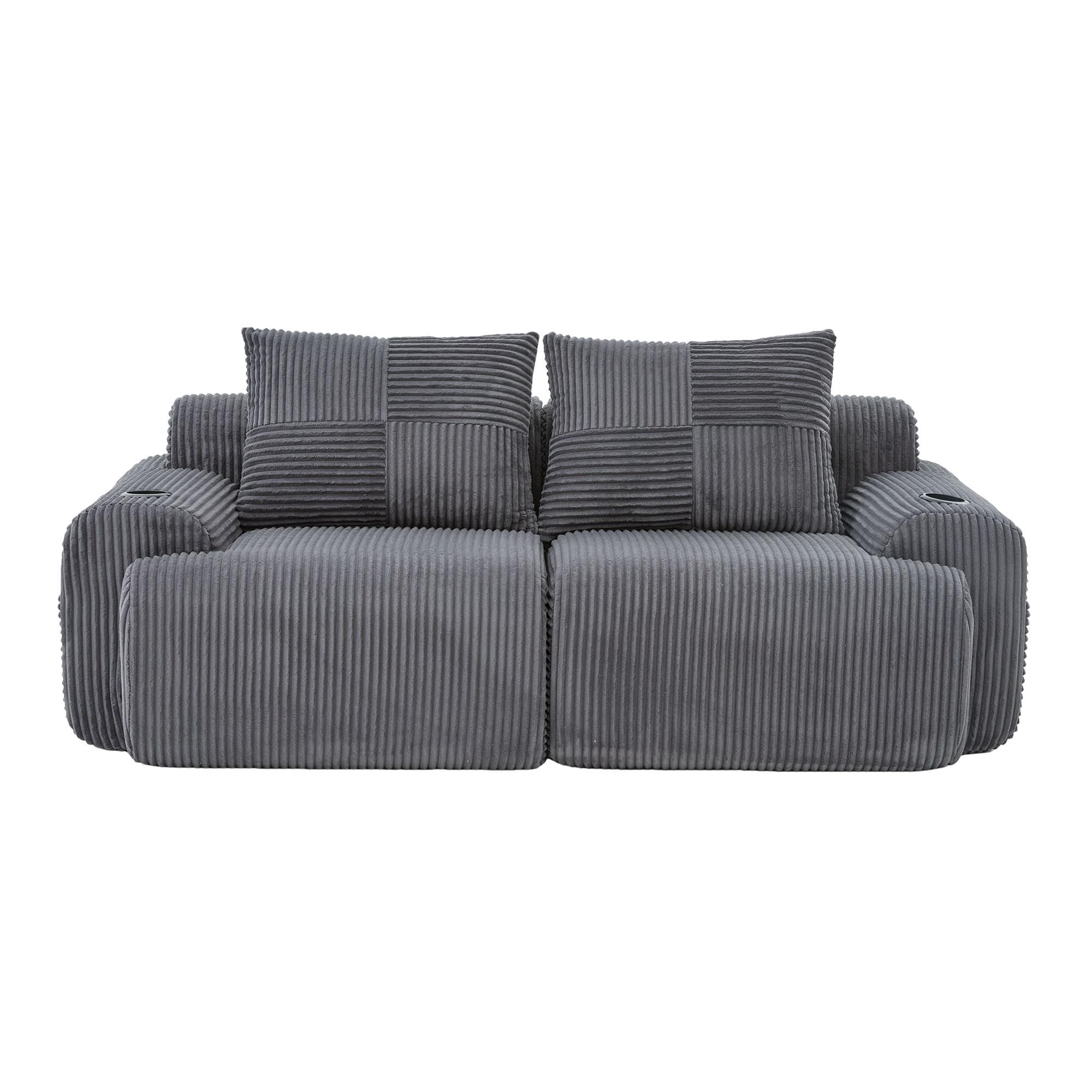 Canapé modulable 2 places en velours côtelé, avec porte-gobelet et poche latérale, 200x99x80 cm, Gris foncé
