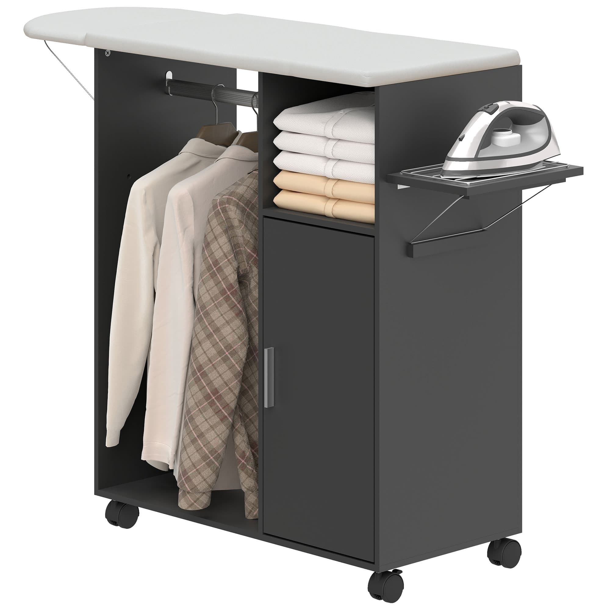 HOMCOM Meuble Planche à Repasser avec Surface Effet Lin, 3 Étagères en Cube et Rail, 127x42.5x99 cm, Noir