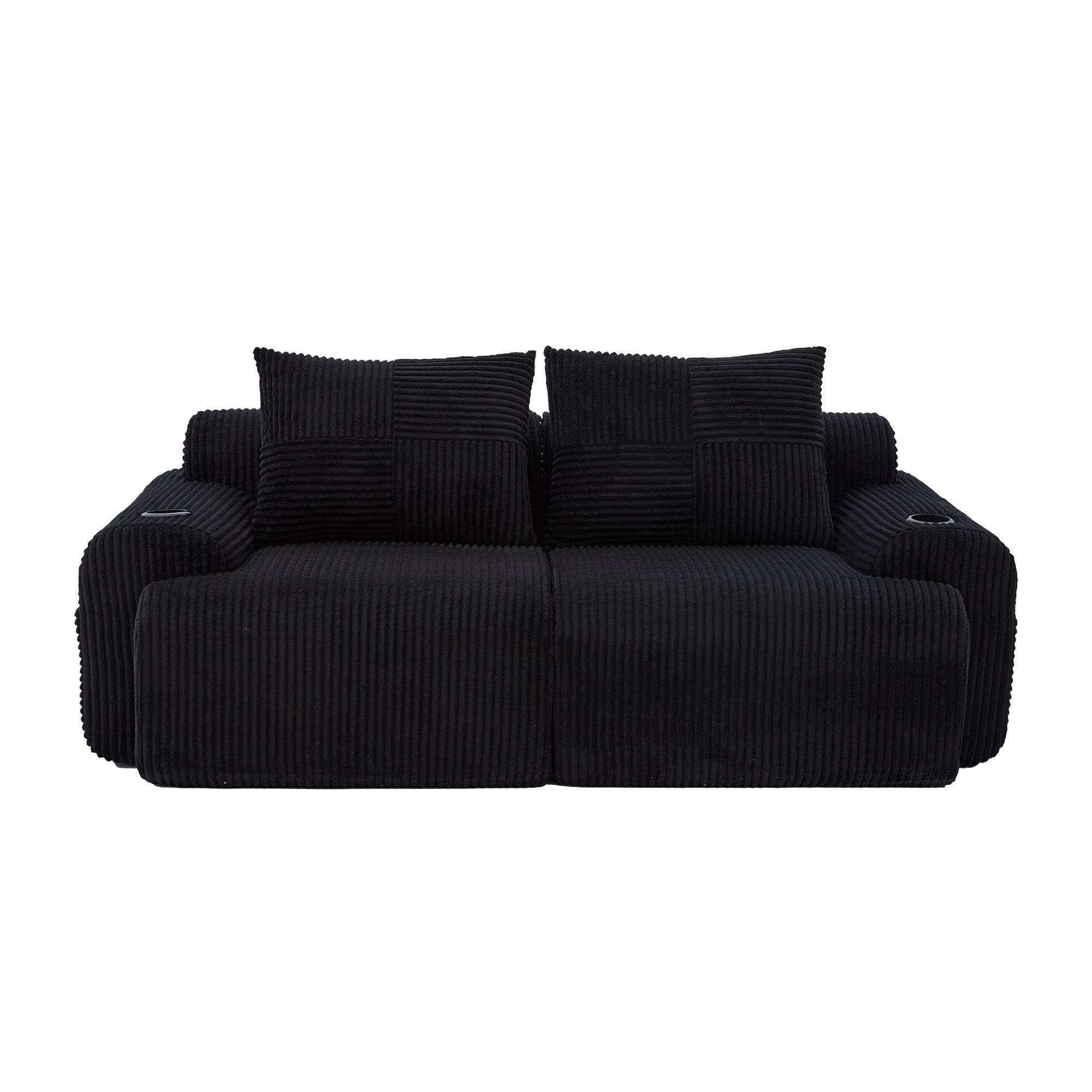 Canapé modulable 2 places en velours côtelé, avec porte-gobelet et poche latérale, 200x99x80 cm, Noir