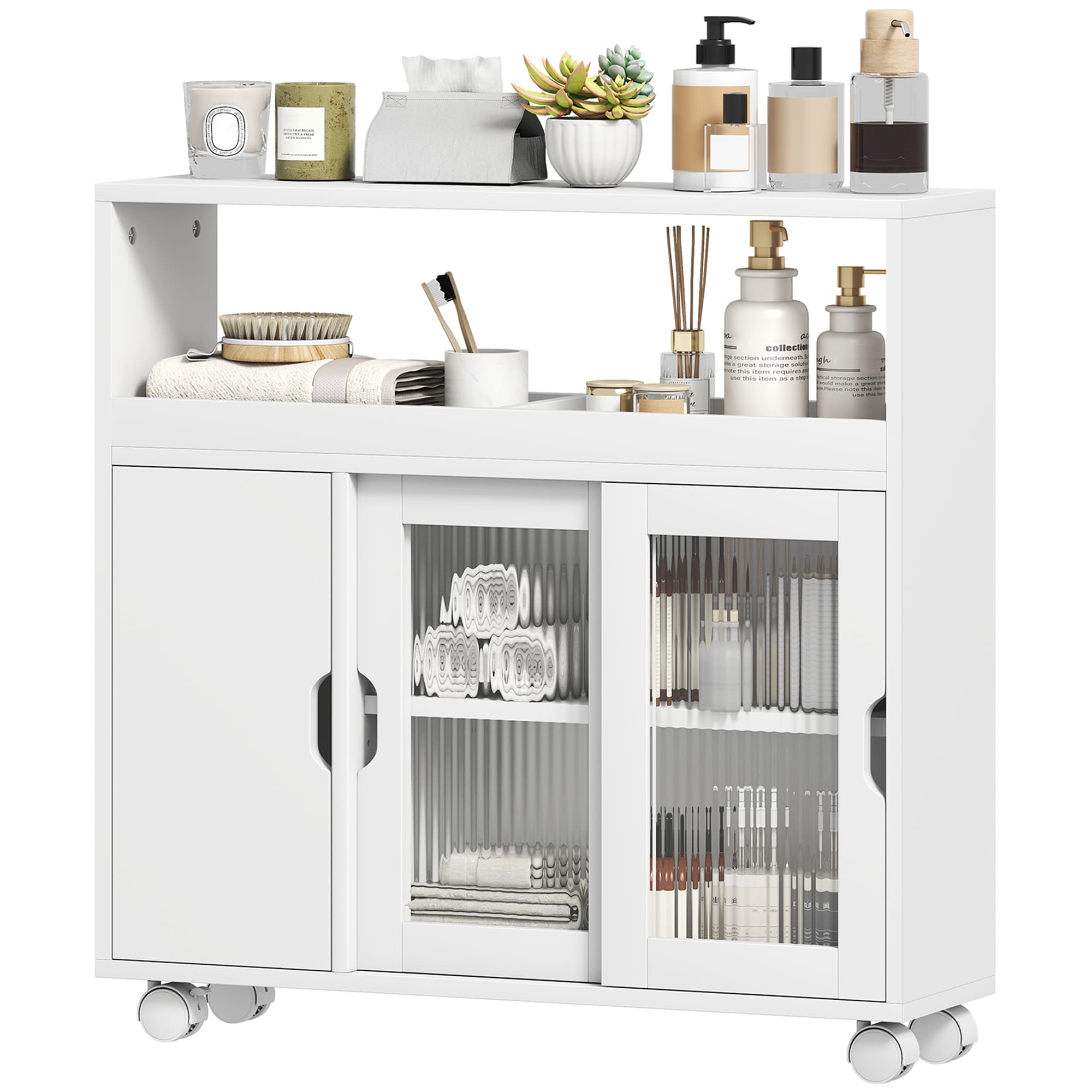 HOMCOM Meuble de salle de bains avec roulettes, étagère réglable, porte coulissante en verre trempé, Blanc