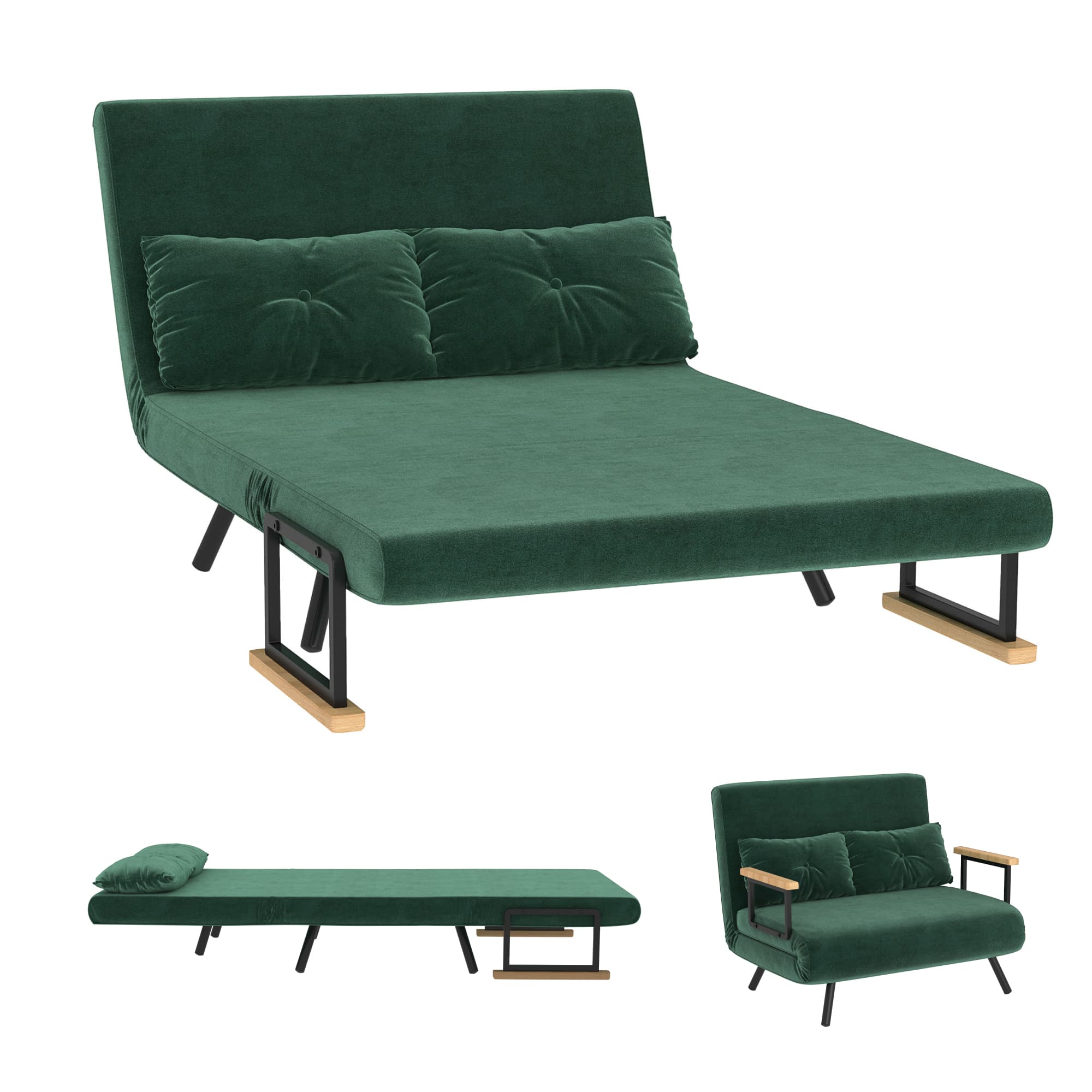 HOMCOM Canapé convertible 2 places 4 en 1, canapé-lit avec dossier réglable sur 5 niveaux, 2 coussins, 102 x 73 x 81 cm, vert