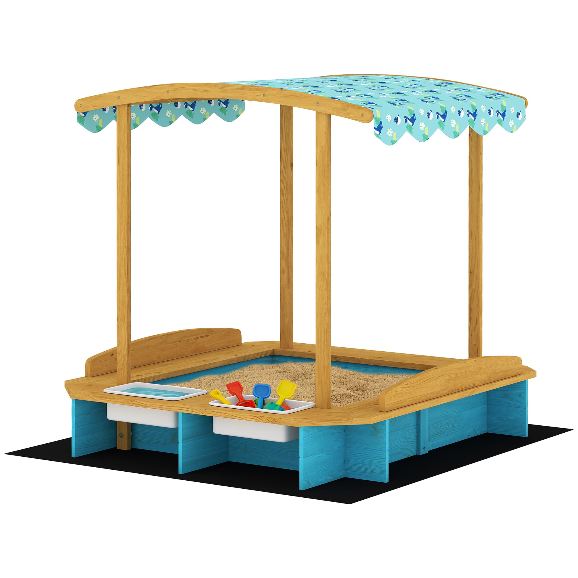 AIYAPLAY Bac à sable en bois avec toit 3 bancs 2 coffres en PP doublure pour enfants de 3-6 ans 128x118x121 cm Bleu