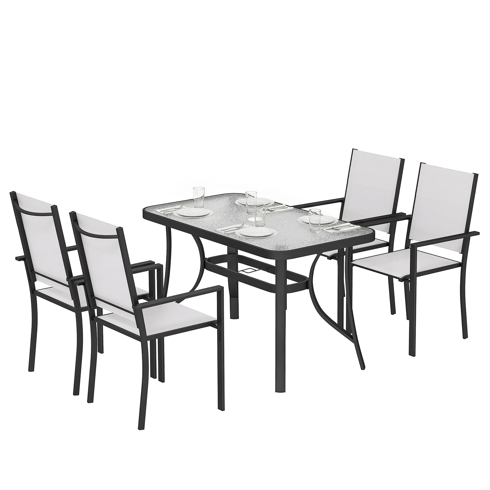 Outsunny Ensemble Repas Jardin avec Trou pour Parasol, Table et Chaises pour 4, Gris Clair